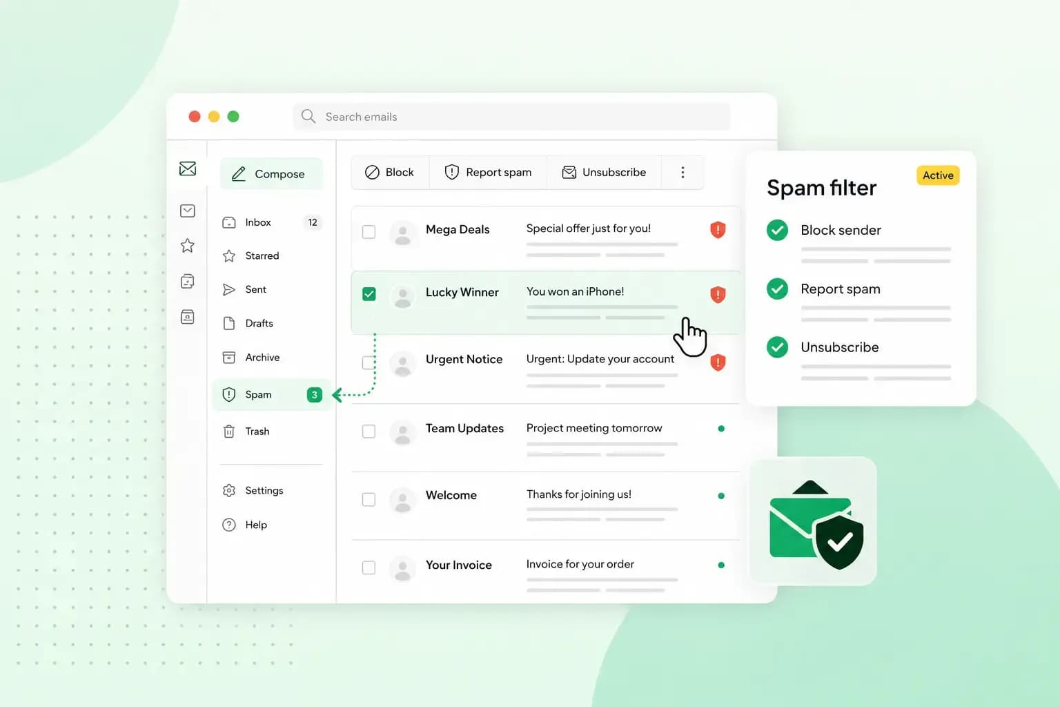 Illustration of an email inbox showing suspicious messages like 'You won an iPhone!' flagged and moved to a spam folder, next to a spam filter card with block sender, report spam, and unsubscribe options.