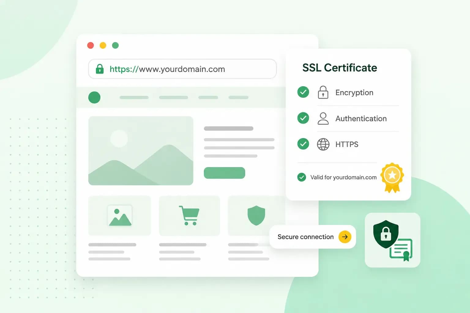 Illustration of an SSL-secured website with an HTTPS address bar, padlock icon, and SSL certificate panel highlighting encryption, authentication, and a secure connection.