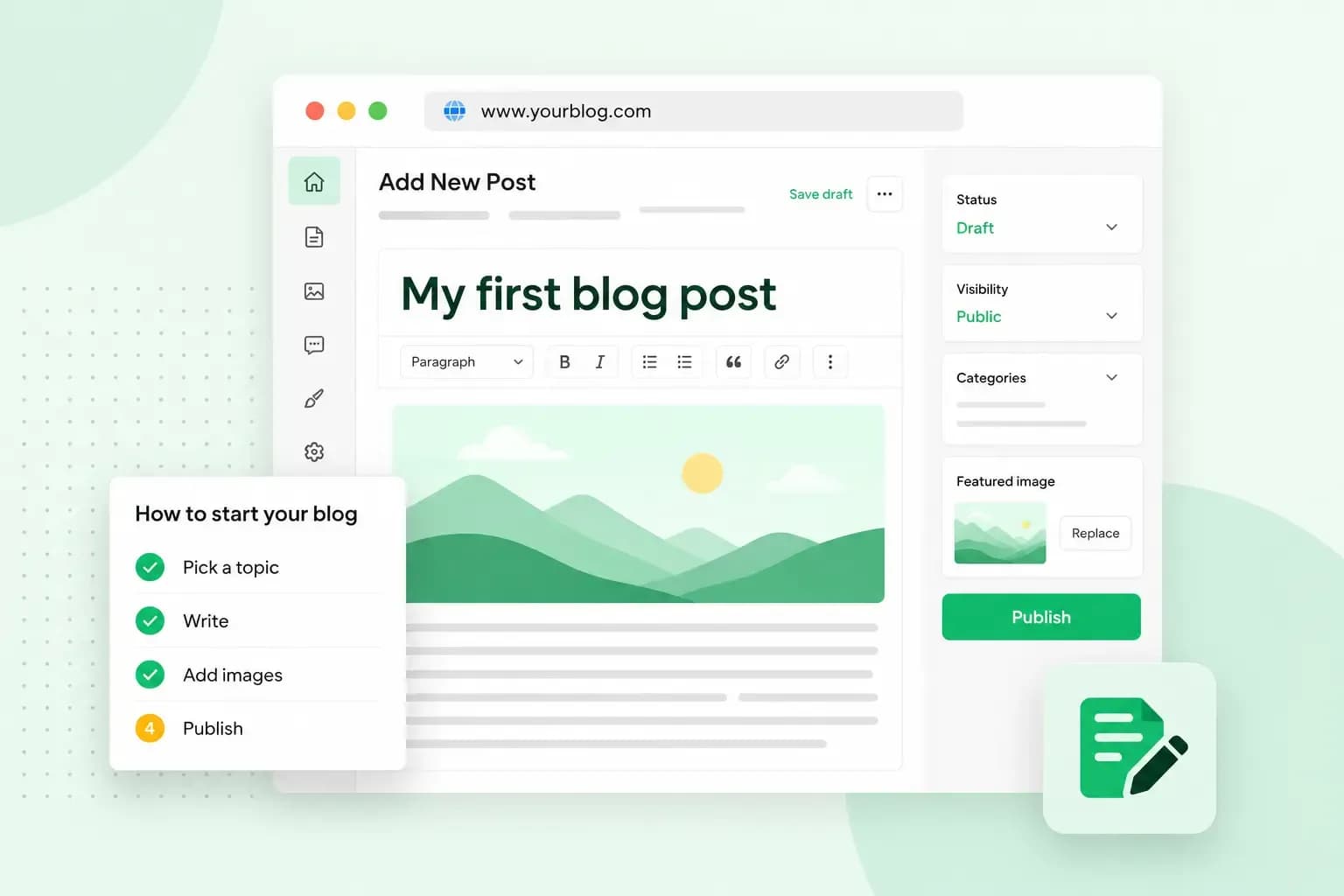 Illustration of a blog editor with a first blog post, publishing settings, and a checklist for starting a blog.
