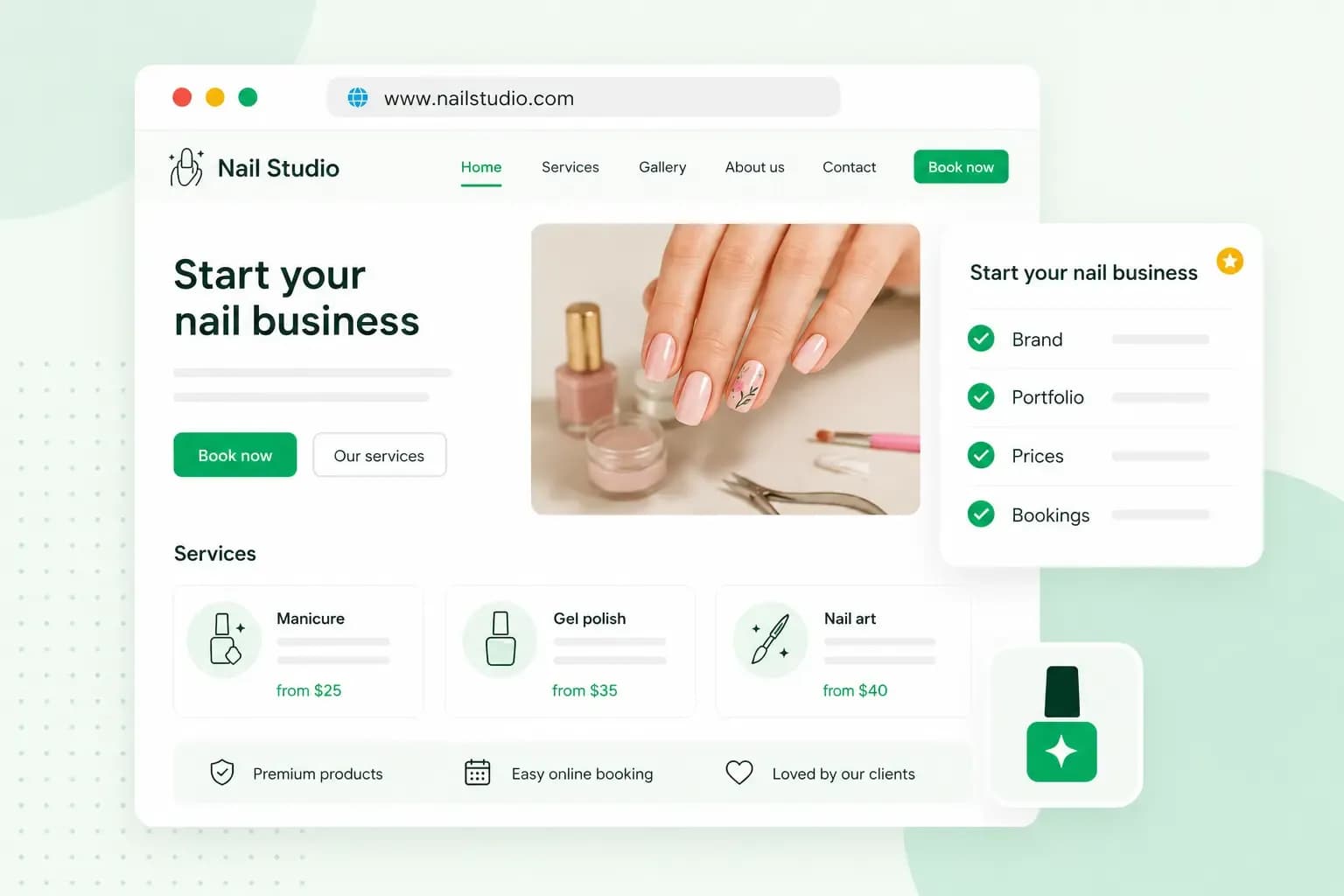 Nail studio website mockup with manicure services, online booking, pricing, and a business setup checklist.