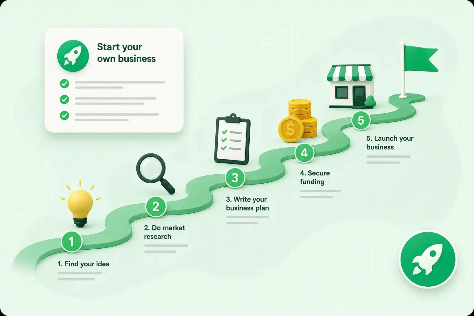 Illustration showing five steps to start a business, from finding an idea and researching the market to planning, funding, and launch.