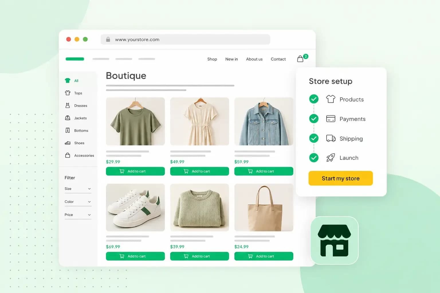 Online clothing store setup with fashion products, payments, shipping, and launch checklist.