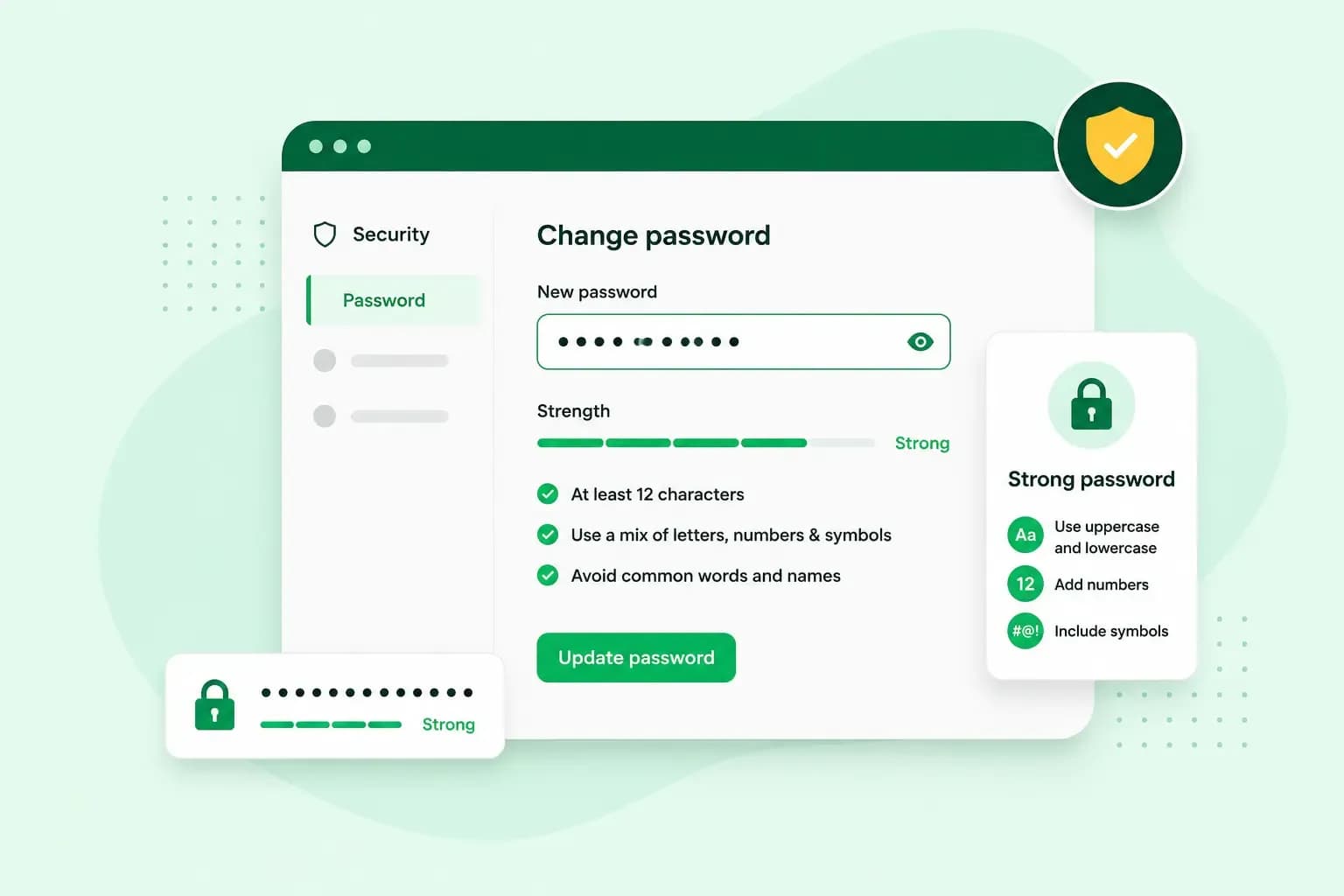 Strong password creation screen showing password strength, security requirements, and tips for using letters, numbers, and symbols.