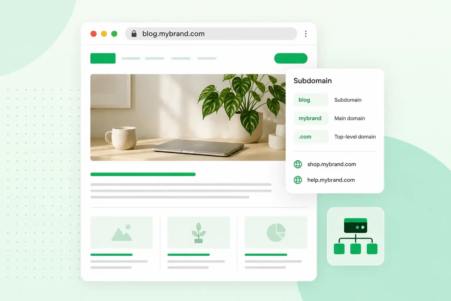Illustration of a website address bar showing blog.mybrand.com, with a card breaking down 'blog' as the subdomain, 'mybrand' as the main domain, and '.com' as the top-level domain, alongside other subdomain examples.