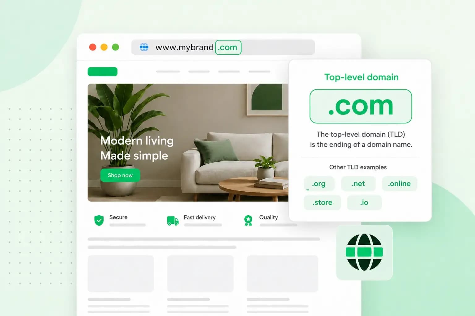 Illustration of a website address bar highlighting '.com' as the top-level domain, next to a card listing other top-level domain examples like .org, .net, .online, .store, and .io.