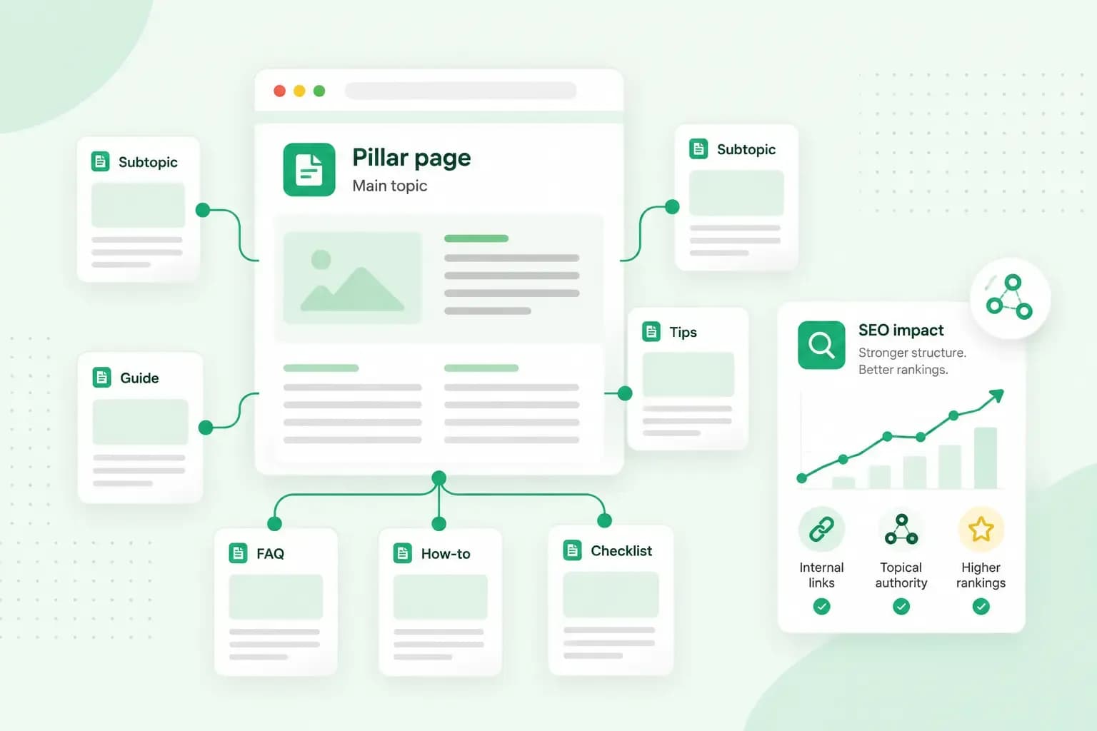 Illustration of a pillar page connected to related subtopic pages, showing how topic clusters strengthen SEO through internal links and topical authority
