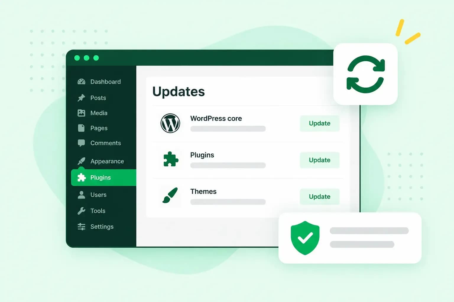 WordPress update management dashboard showing updates for WordPress core, plugins, and themes, with refresh and security icons.