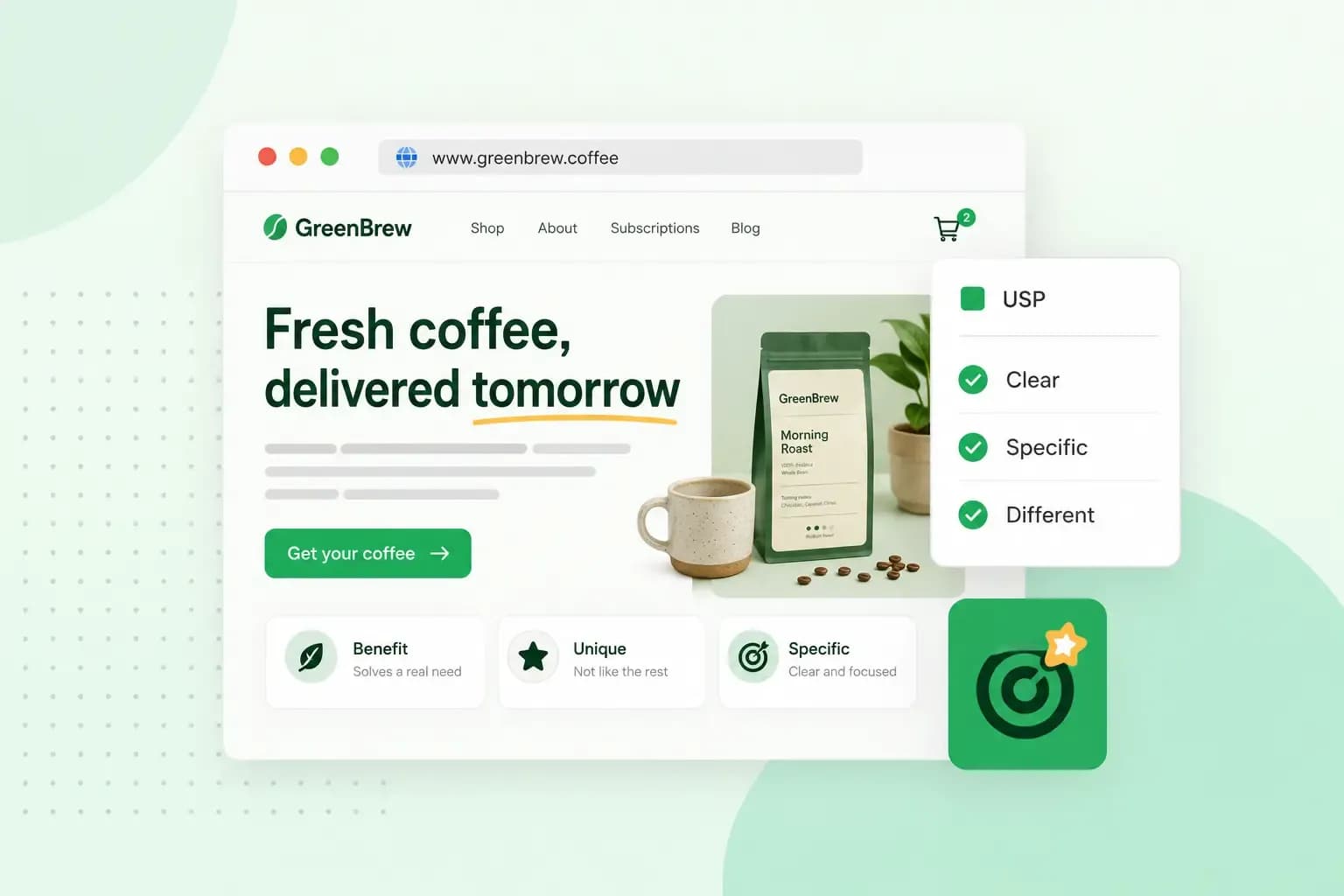 Illustration of a coffee shop website highlighting a unique selling proposition with a clear headline, key benefits, and a USP checklist.