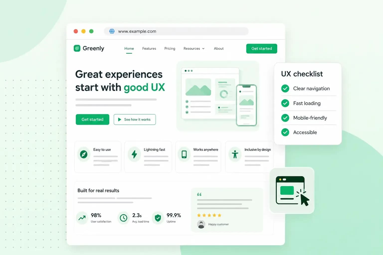Illustration of a website homepage showing a clean, user-friendly design, next to a UX checklist covering clear navigation, fast loading, mobile-friendliness, and accessibility.