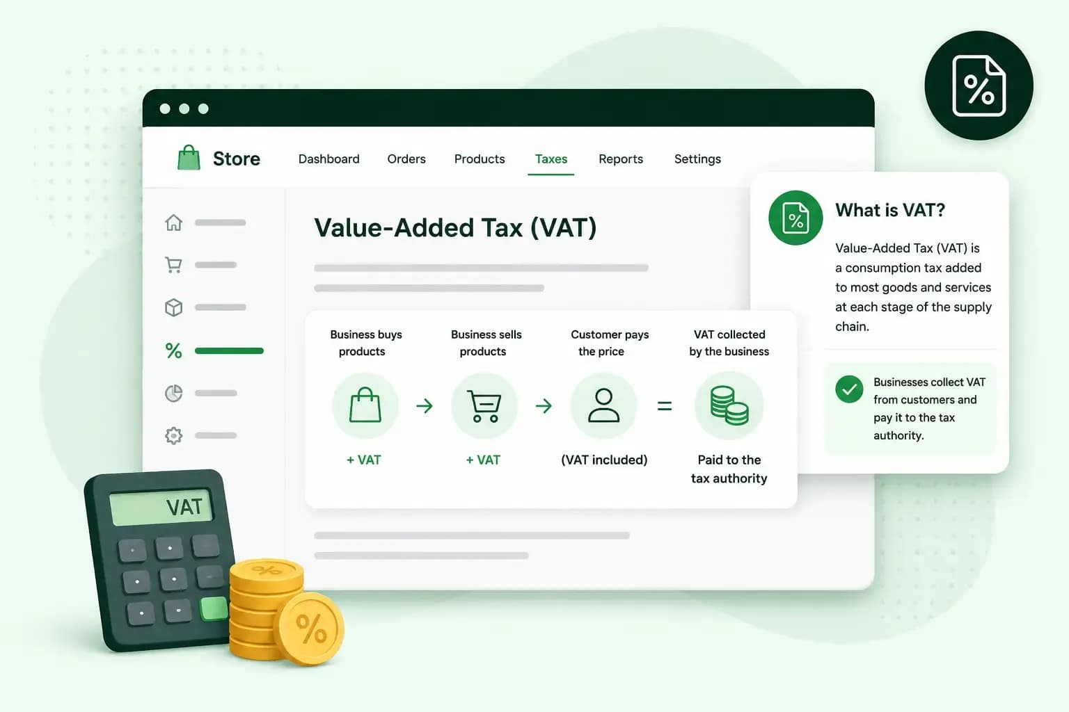 Illustration explaining value-added tax (VAT) with a store dashboard, tax flow, calculator, coins, and percentage symbols.