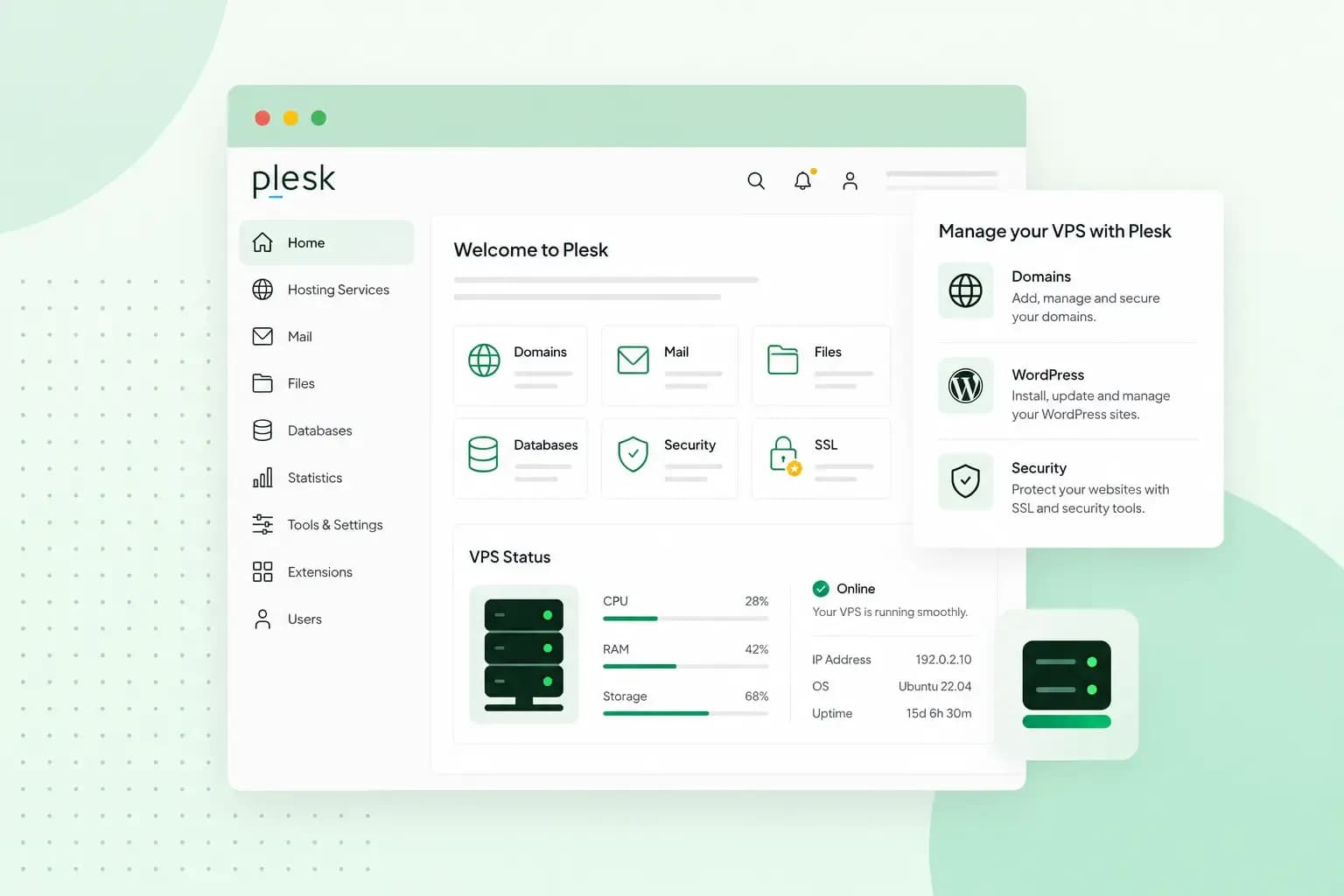 Plesk dashboard for managing VPS hosting, including domains, mail, files, databases, security, SSL, and server resource status.