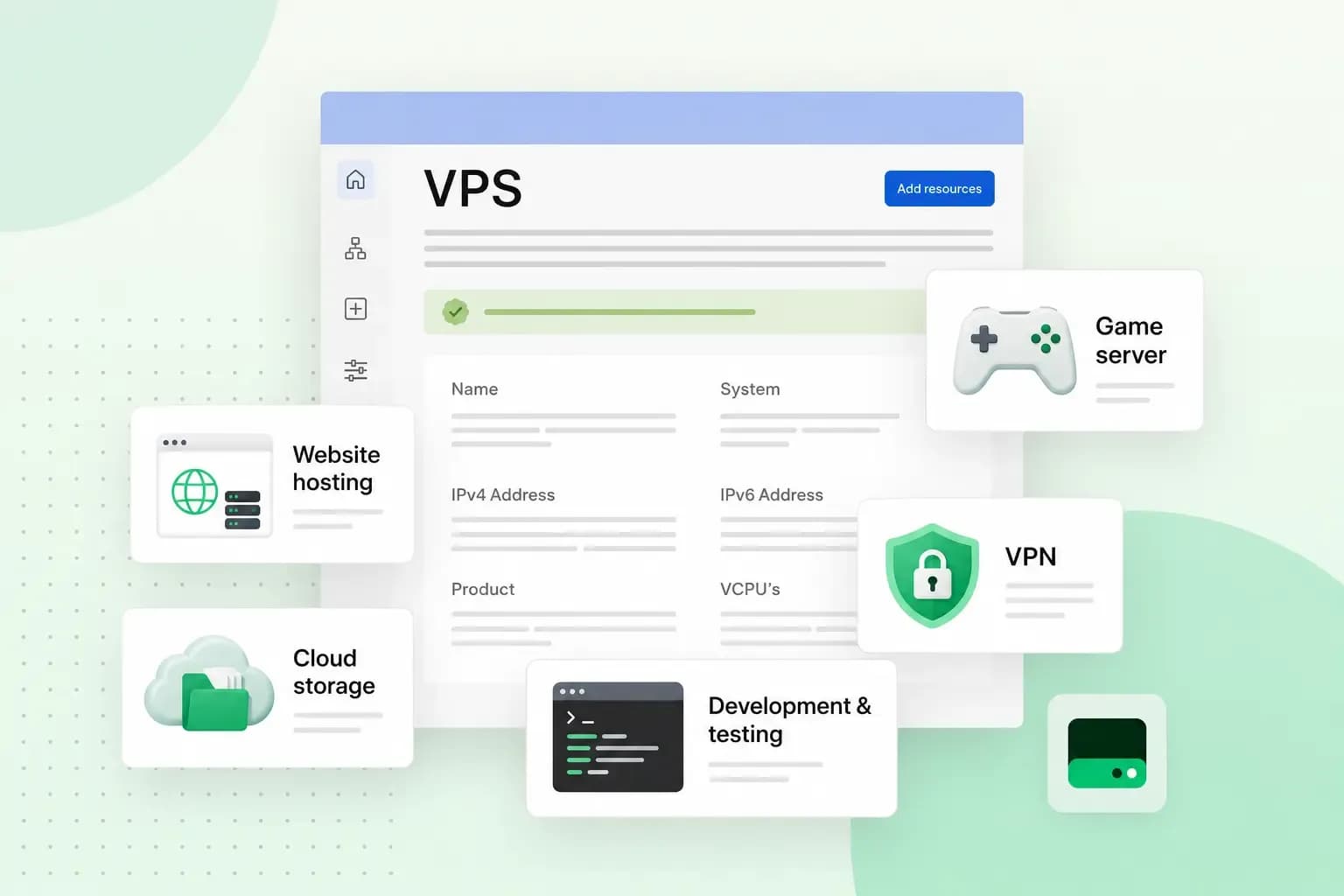 Illustration of a VPS control panel showing server details, surrounded by cards for website hosting, cloud storage, development and testing, a game server, and a VPN.