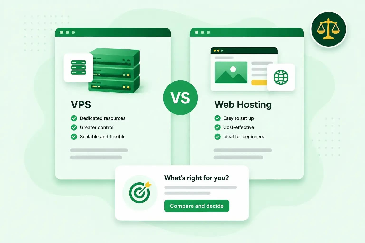 VPS vs web hosting comparison showing dedicated server resources, control and scalability versus easy setup, affordability and beginner-friendly hosting.