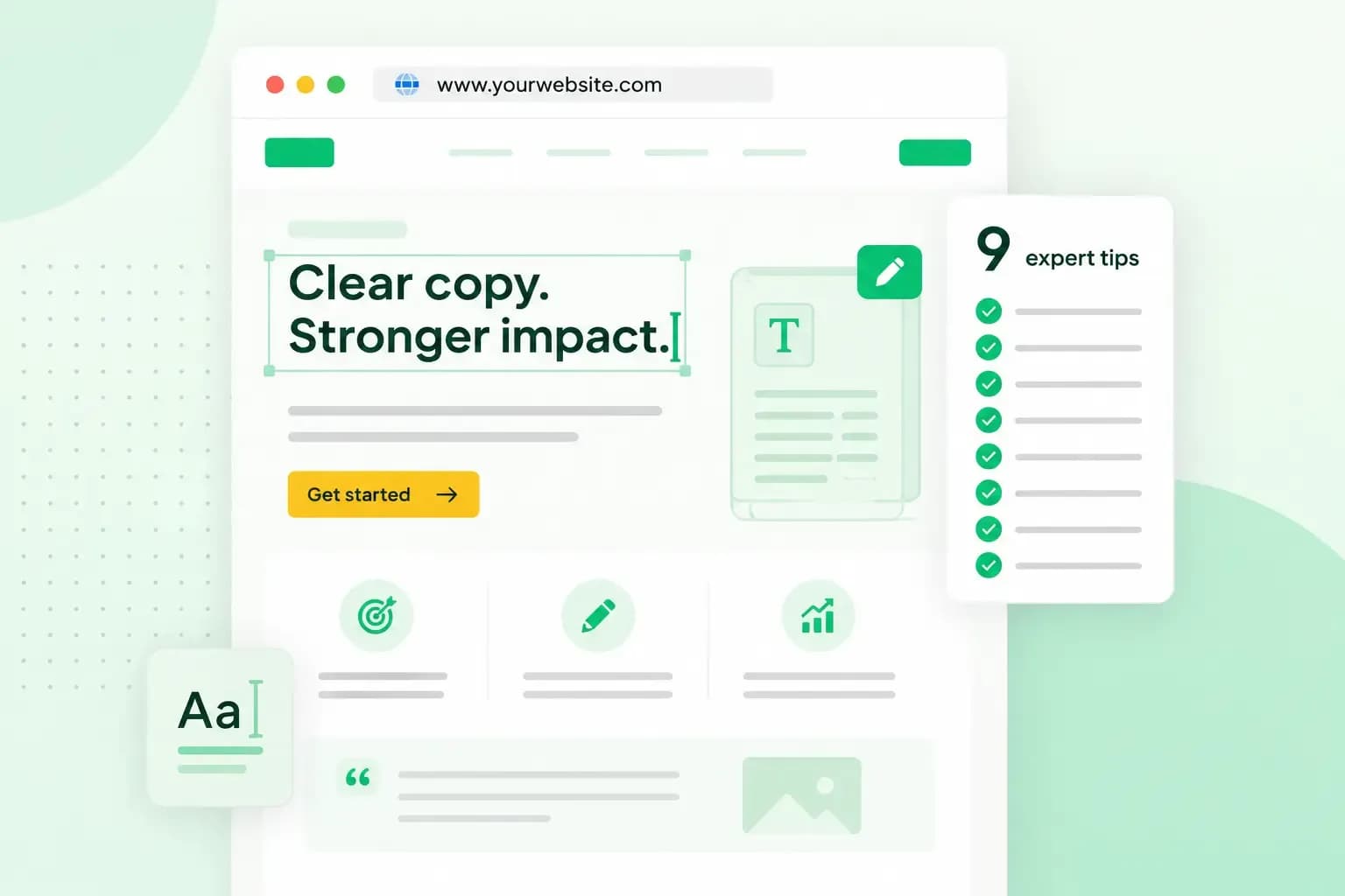 Website copywriting interface with editable headline, CTA button, and a checklist representing 9 expert tips.
