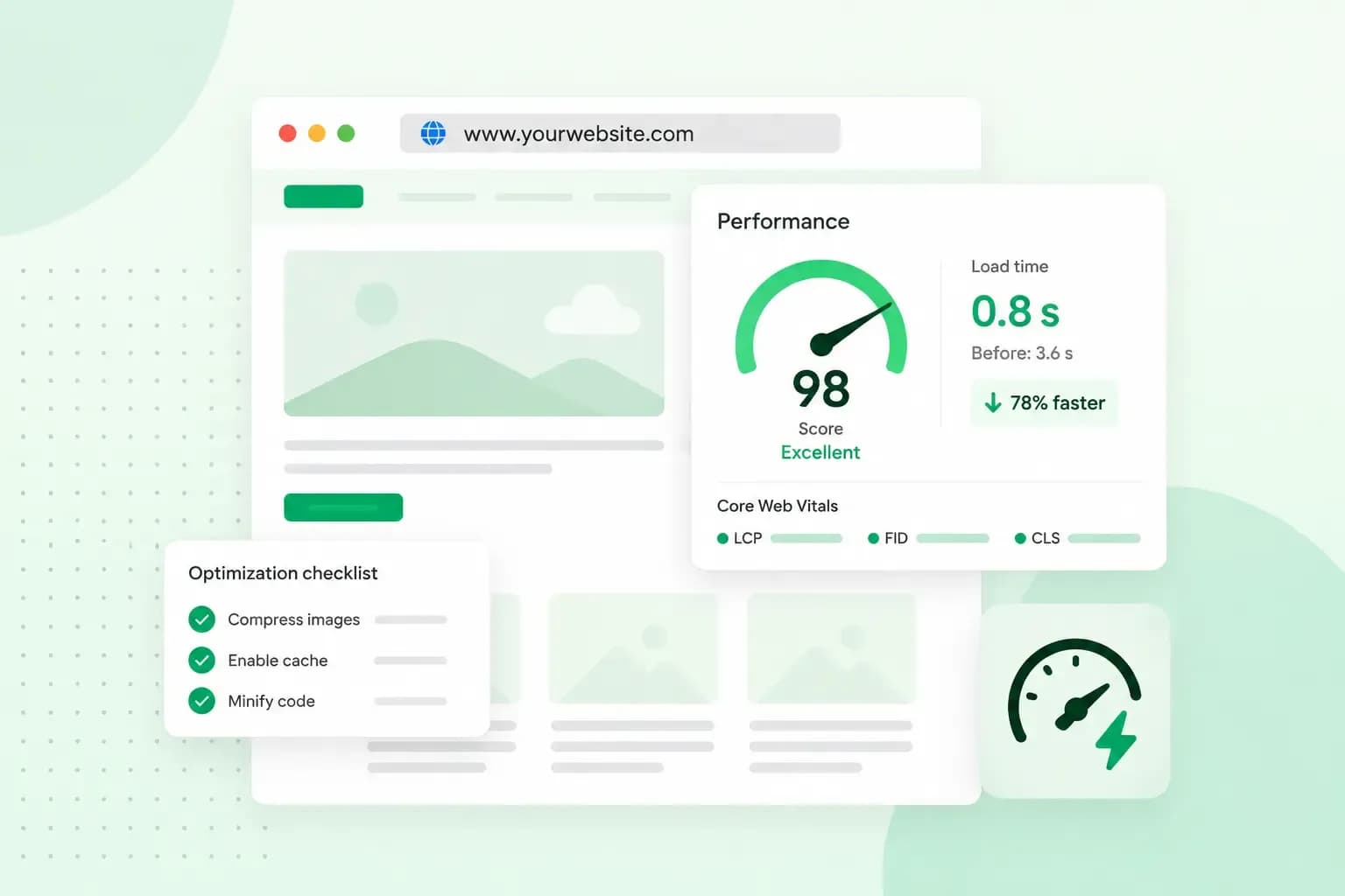 Website performance dashboard showing faster load time, optimization checklist, Core Web Vitals, and a speedometer icon.