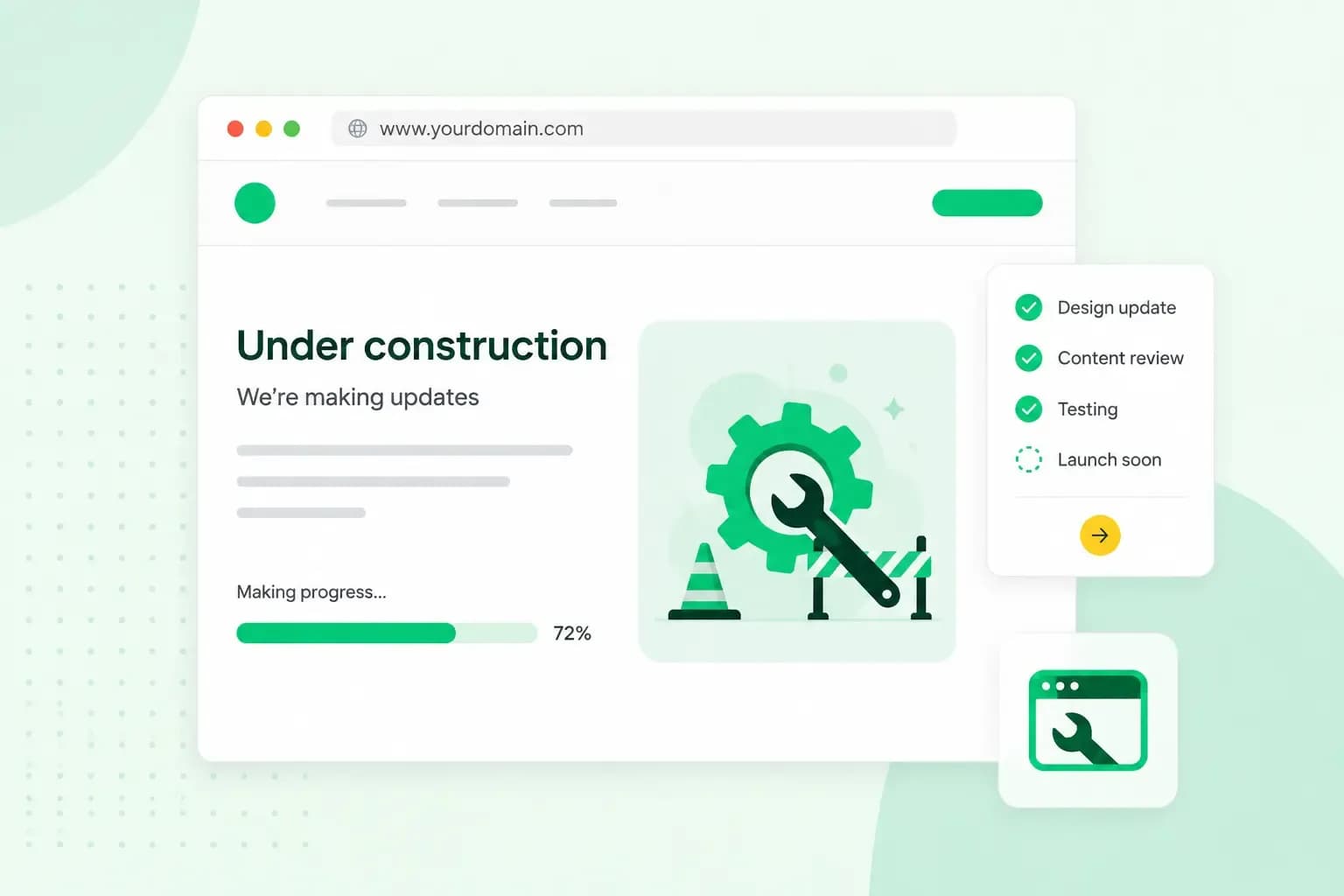 Website under construction page with a progress bar, maintenance tools, and a checklist of updates before launch.
