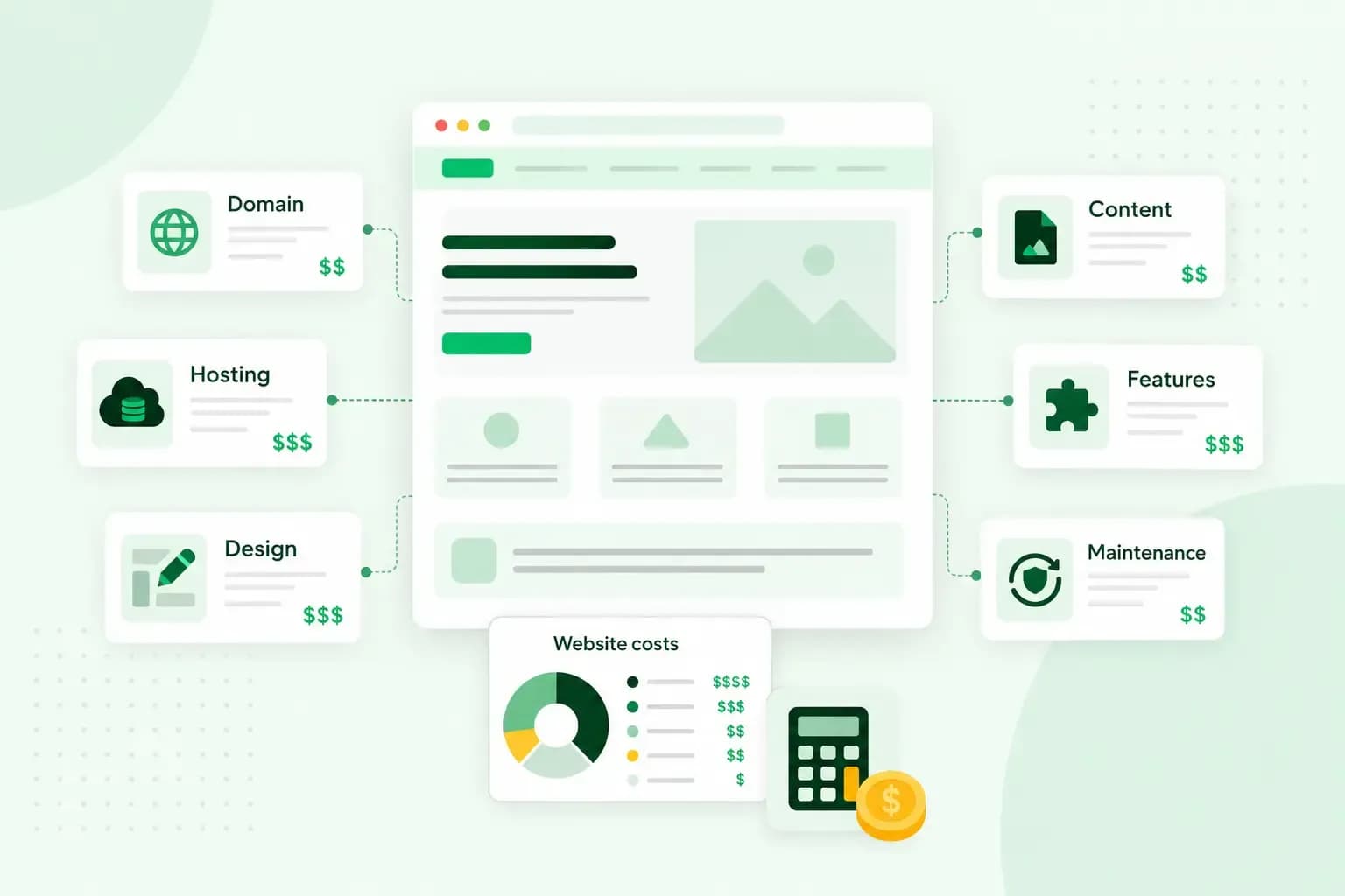 Website creation cost categories including domain, hosting, design, content, features, and maintenance.