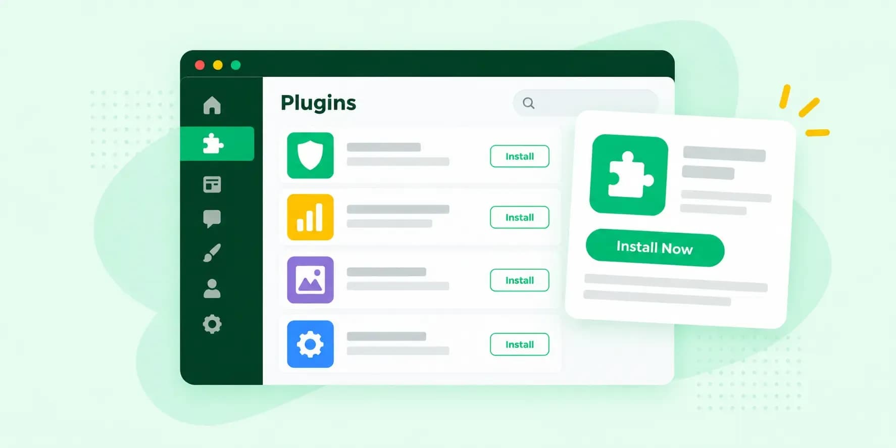 Illustration of a plugin dashboard showing a list of plugins with install buttons and a plugin detail card.