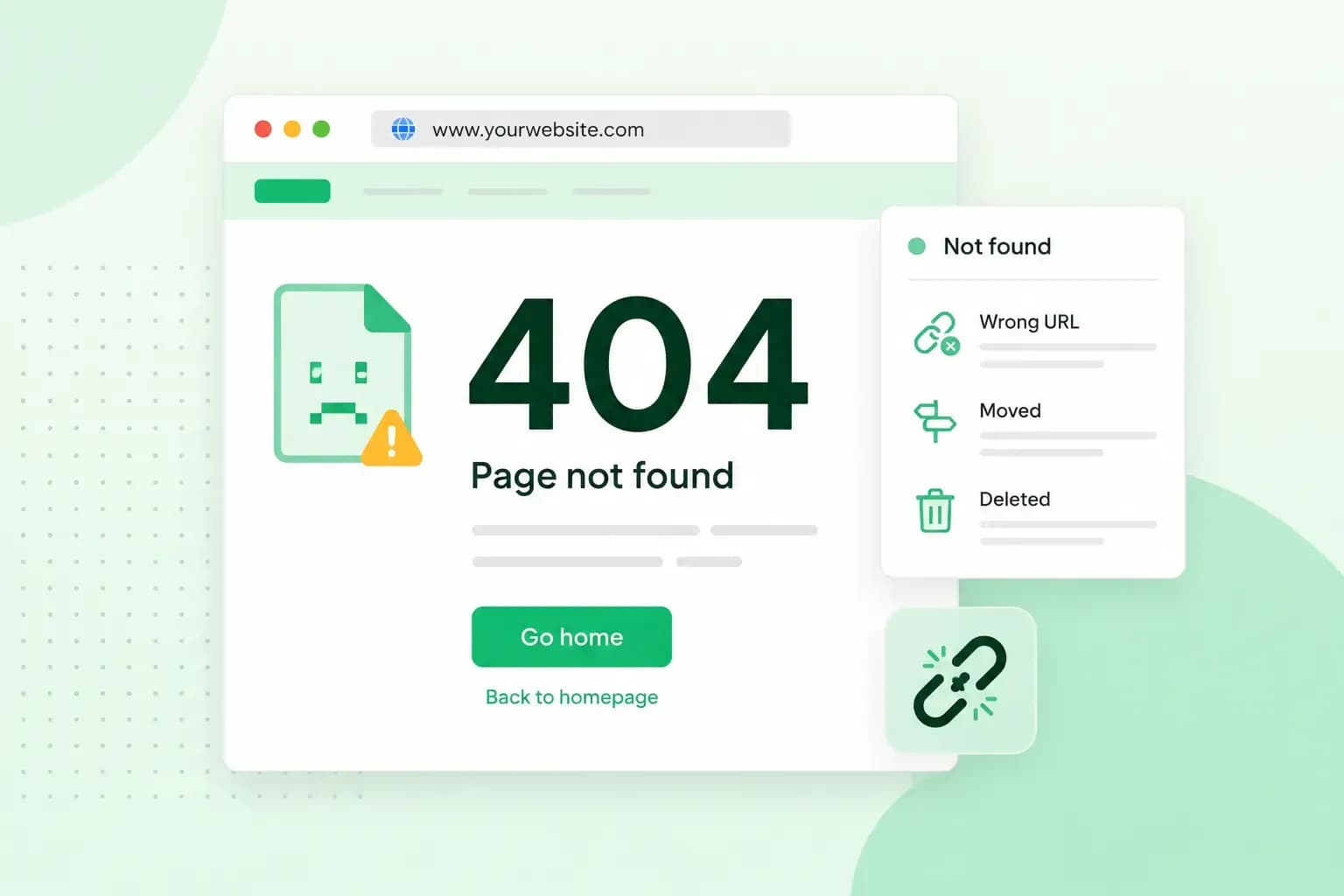 Illustration of a 404 page not found error with a broken link, warning icon, and common causes such as a wrong URL, moved page, or deleted page.