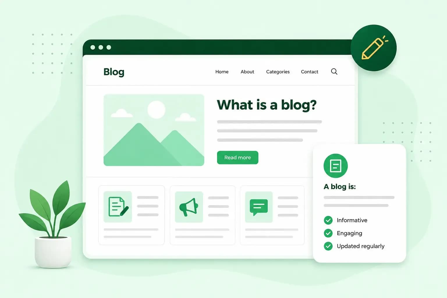 Illustration of a blog webpage with article cards, a “What is a blog?” headline, and an information panel highlighting key blog characteristics.