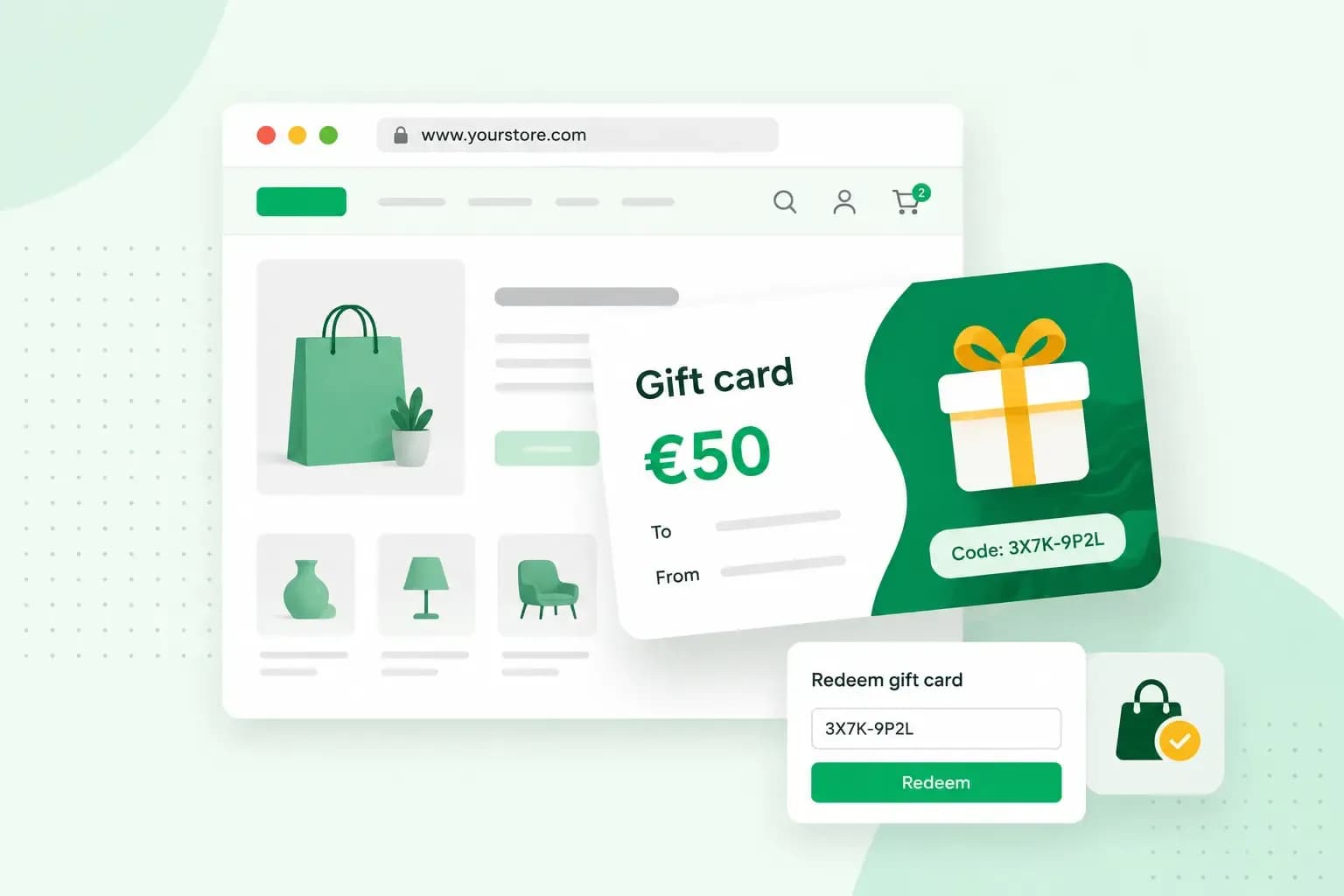 Digital €50 gift card displayed over an online shop with a redemption code and checkout panel.