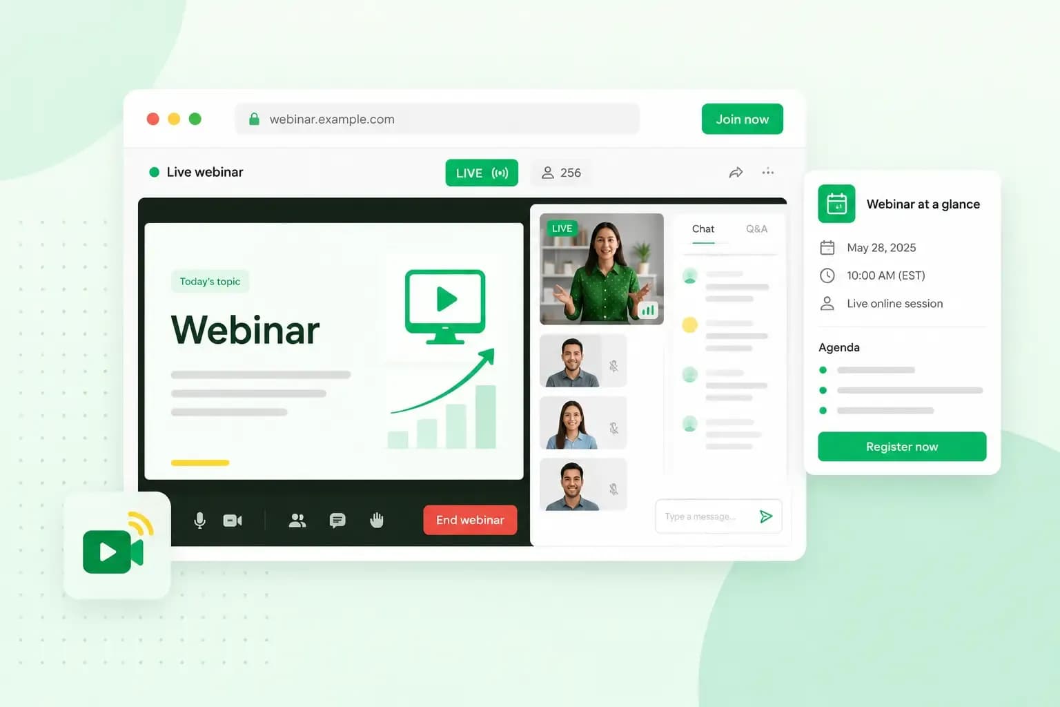 Webinar platform interface showing a live presentation, speaker video, participant list, chat, and registration details.