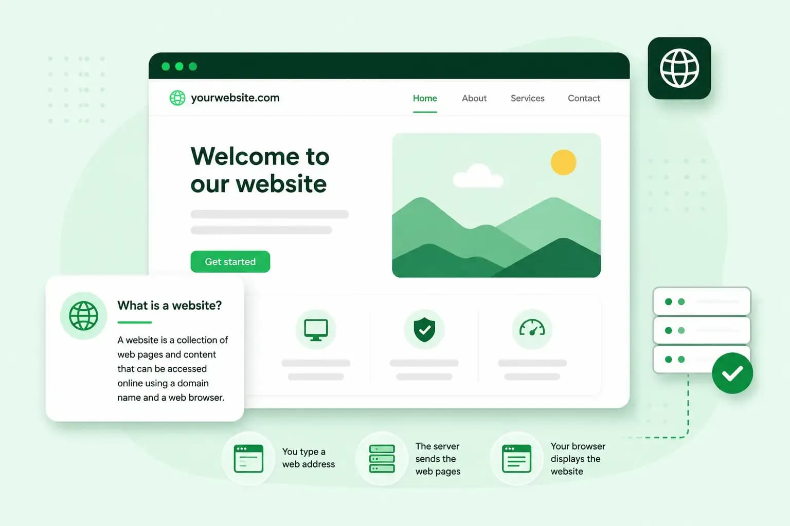 Illustration explaining what a website is, showing a browser window connected to a web server and the steps from entering a web address to displaying web pages.