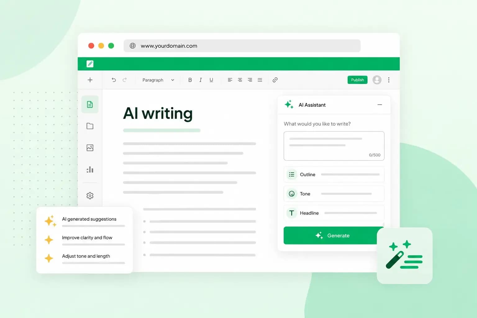 AI writing editor interface with an AI assistant generating outlines, headlines, and writing suggestions.