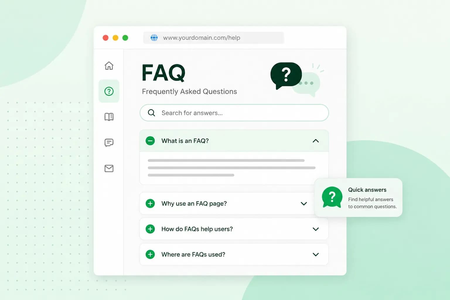 FAQ webpage with a search bar and expandable frequently asked questions.