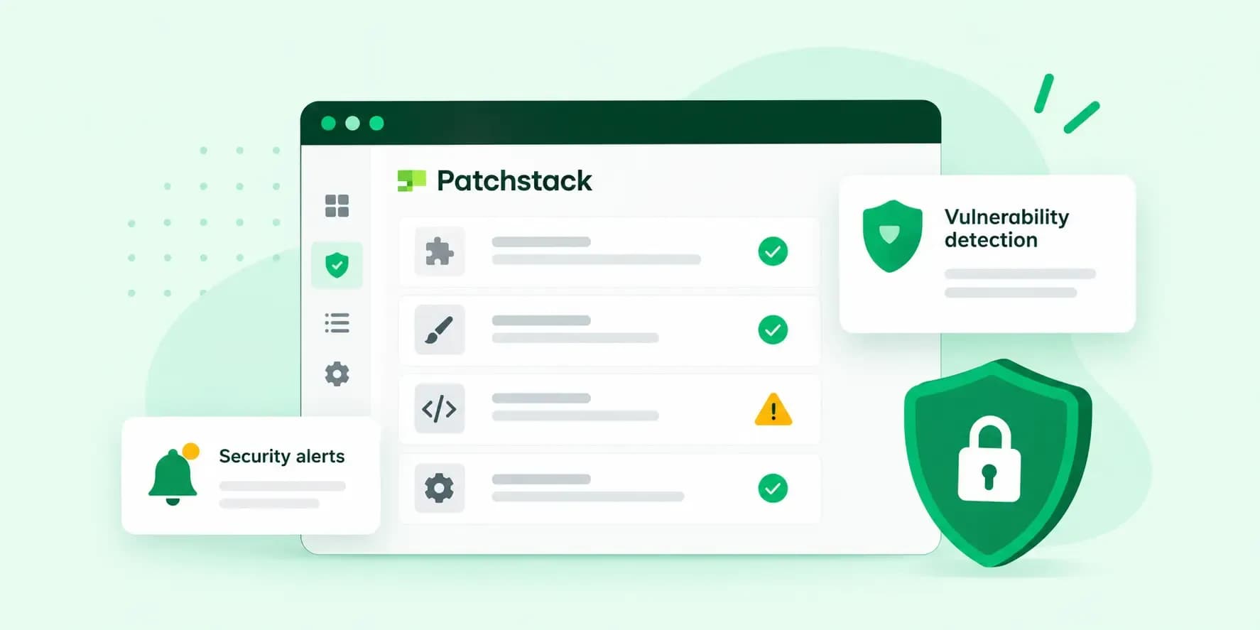 Patchstack security dashboard showing vulnerability detection, security alerts, plugin status checks, and a shield with a padlock.