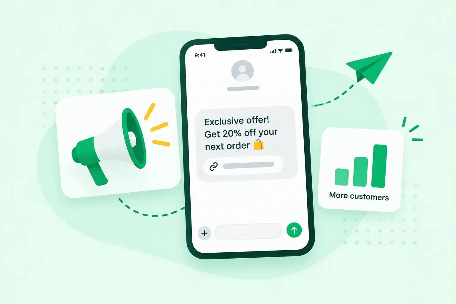 Illustration of SMS marketing with a smartphone showing a promotional text message, a megaphone, and a customer growth chart.