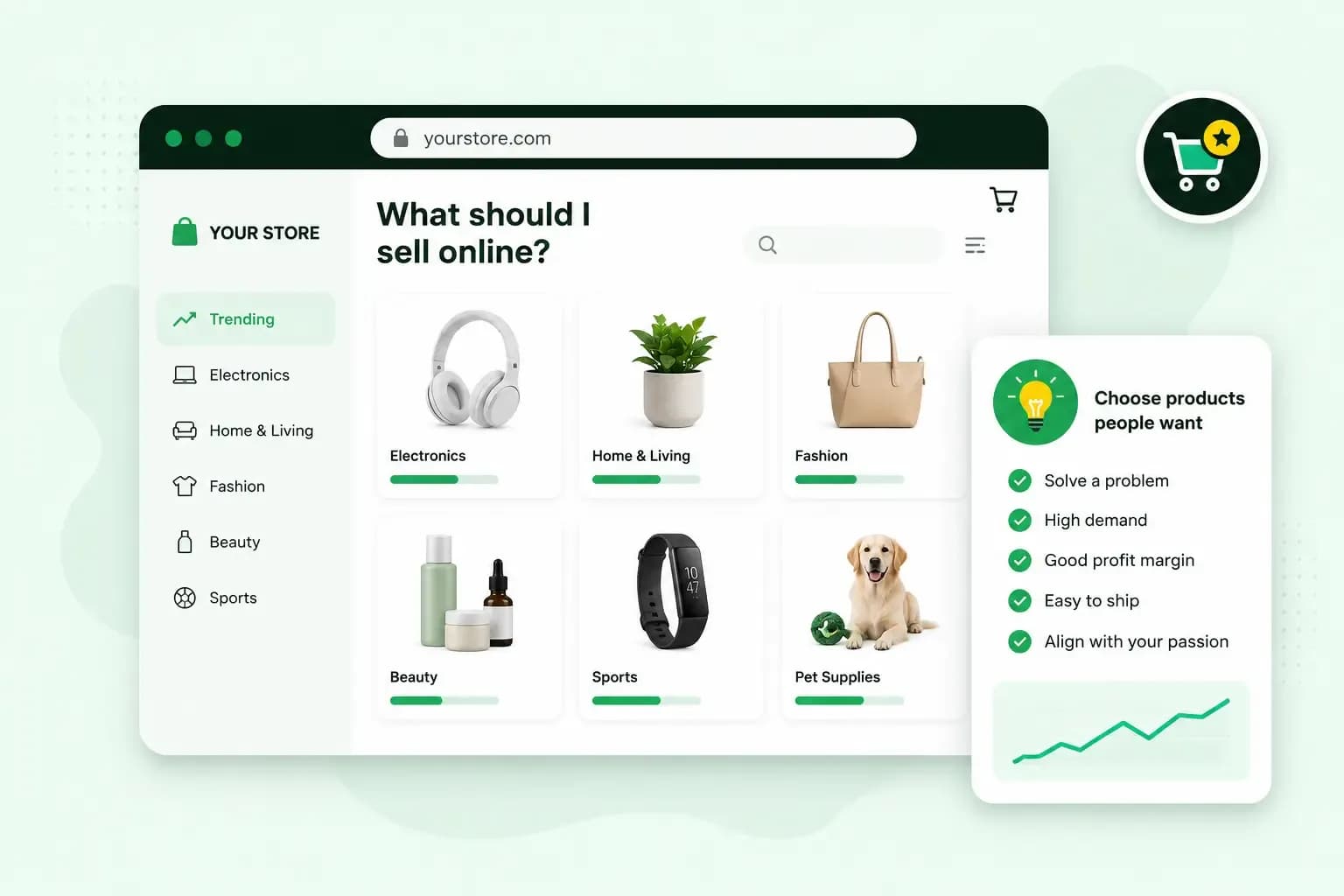 Illustration of an online store showing product categories and tips for choosing profitable products to sell online.