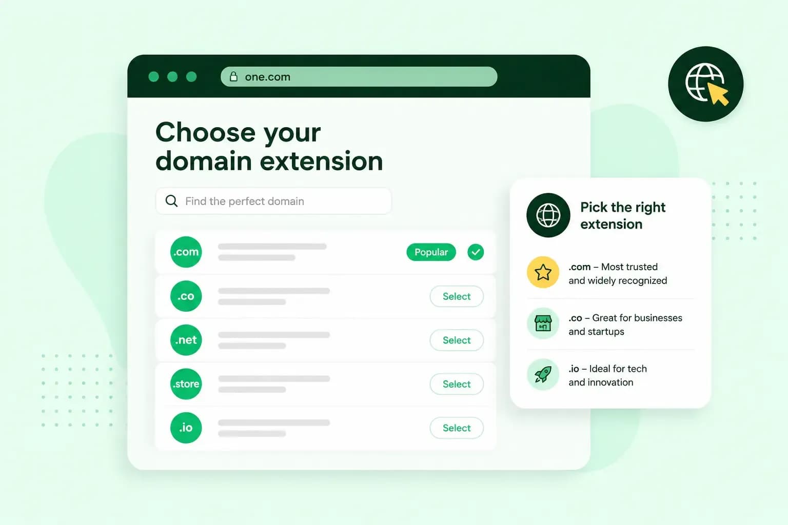 Illustration comparing domain extensions such as .com, .co, .net, .store, and .io to help choose the right domain extension.