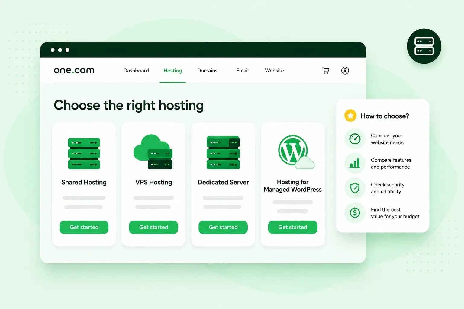 Illustration comparing Shared Hosting, VPS Hosting, Dedicated Server, and Hosting for Managed WordPress, with guidance on choosing based on website needs, performance, security, and budget.