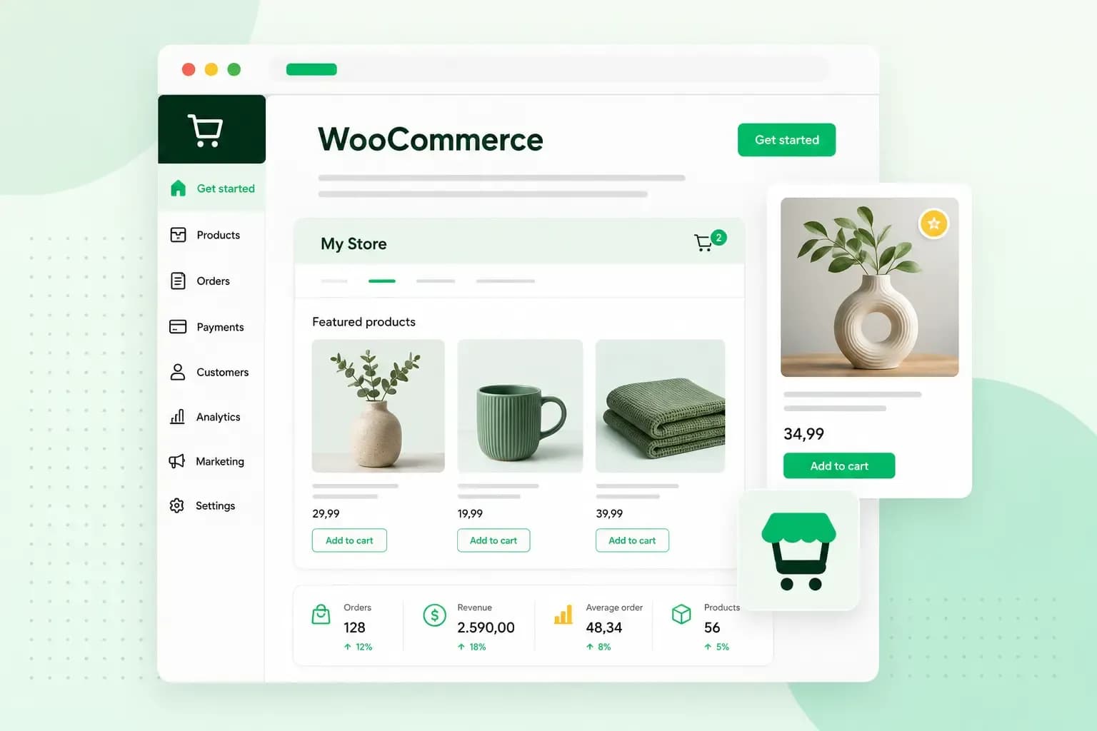 WooCommerce beginner dashboard showing products, orders, payments, store analytics, and an online shop with product cards and add-to-cart buttons.