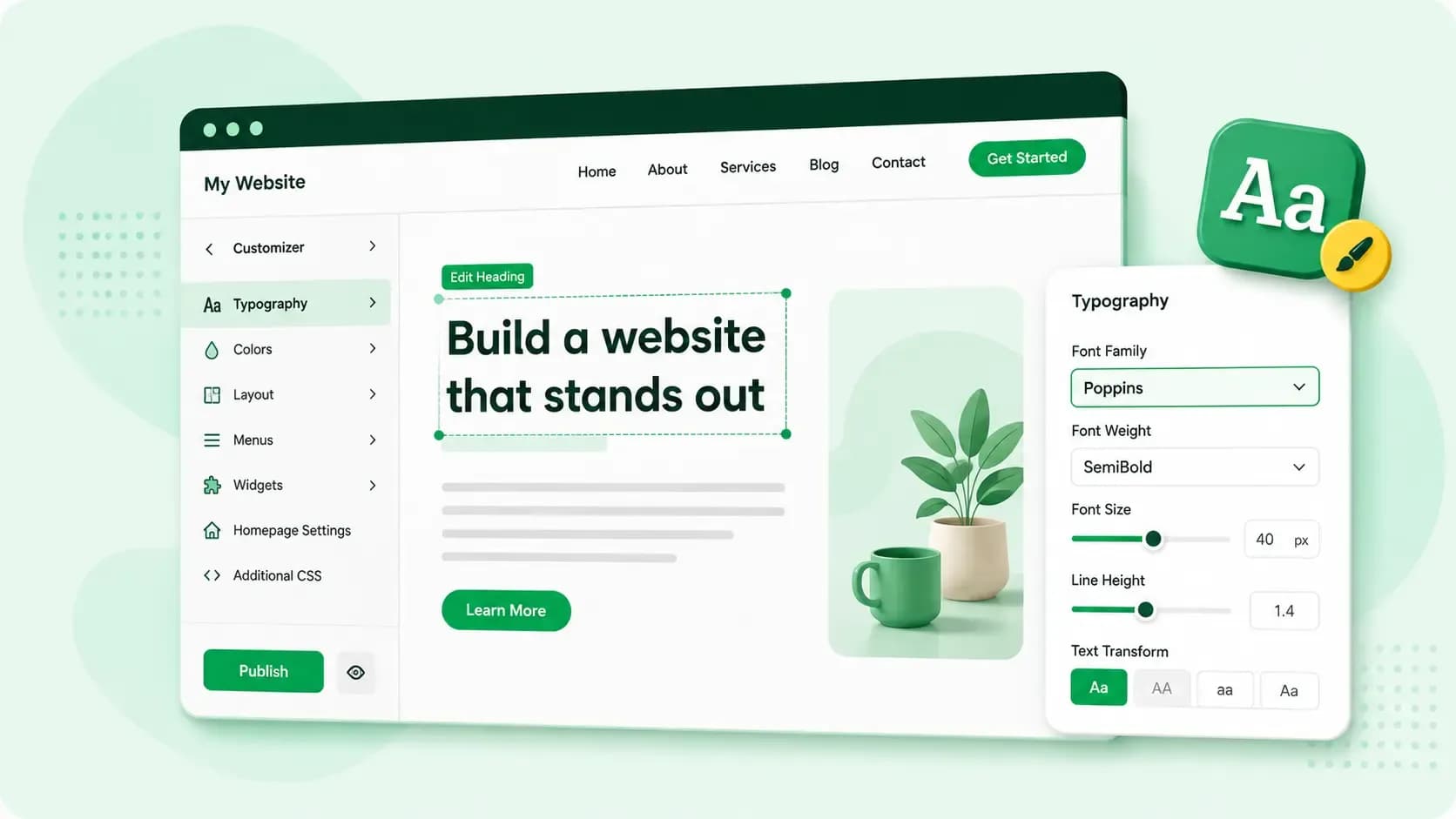 Website customizer interface showing typography settings and font selection for changing a website font.