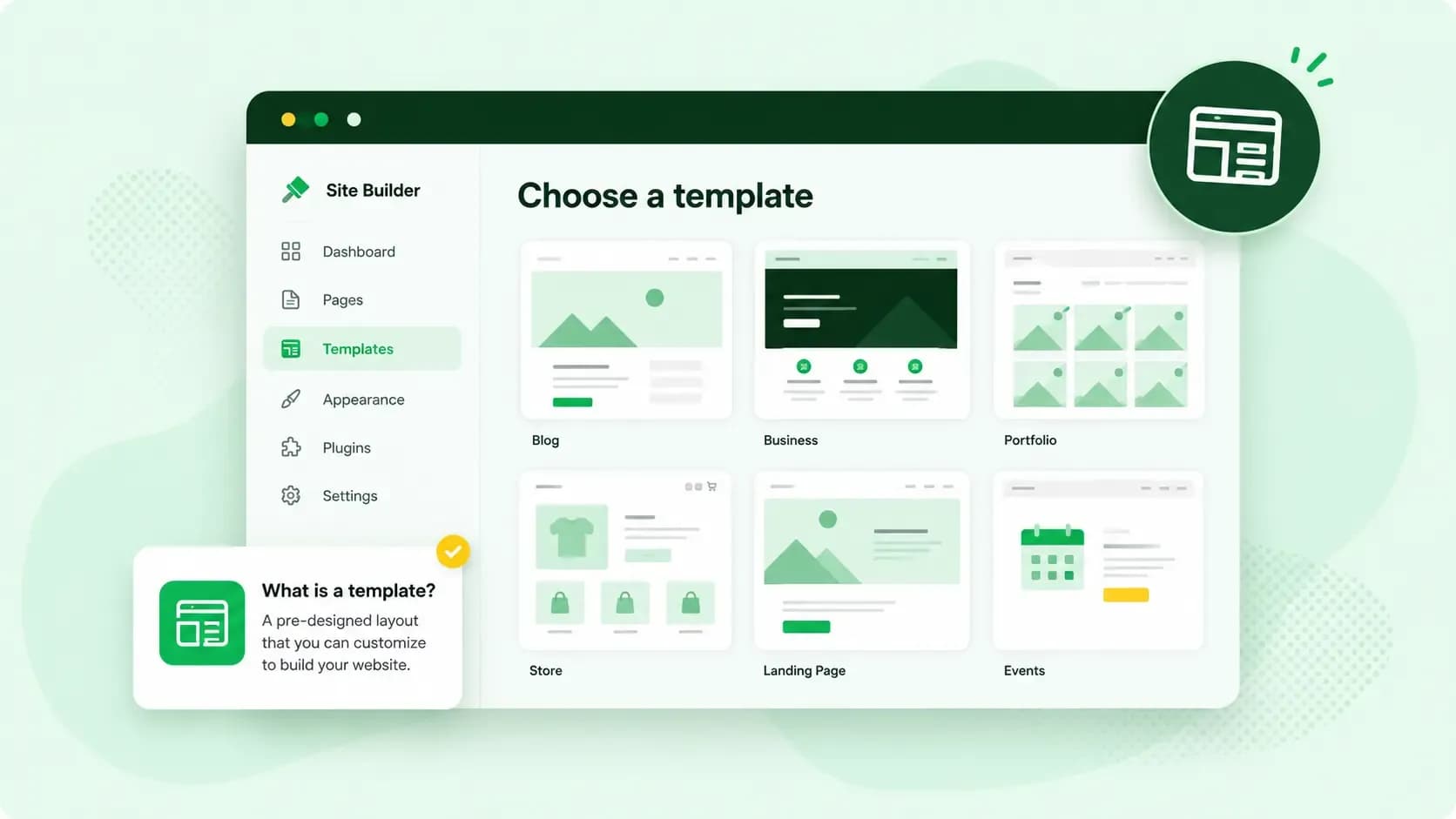 WordPress template selection screen showing customizable website layouts for a blog, business, portfolio, store, landing page, and events site.