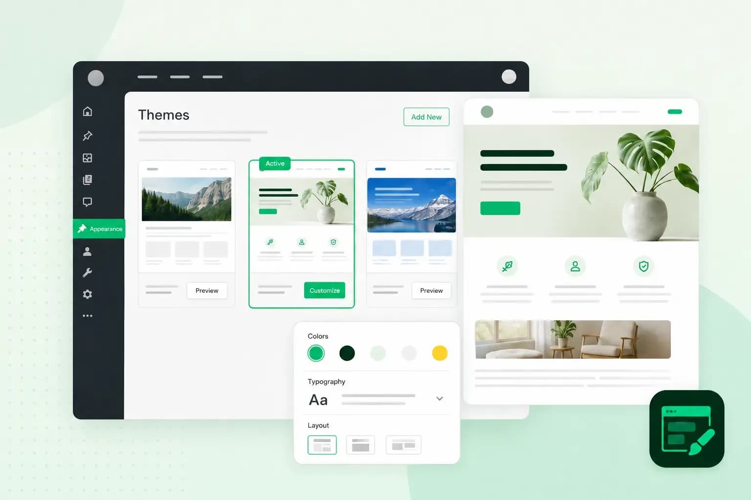 Theme selection dashboard showing website previews and customization options for colors, typography, and layout.