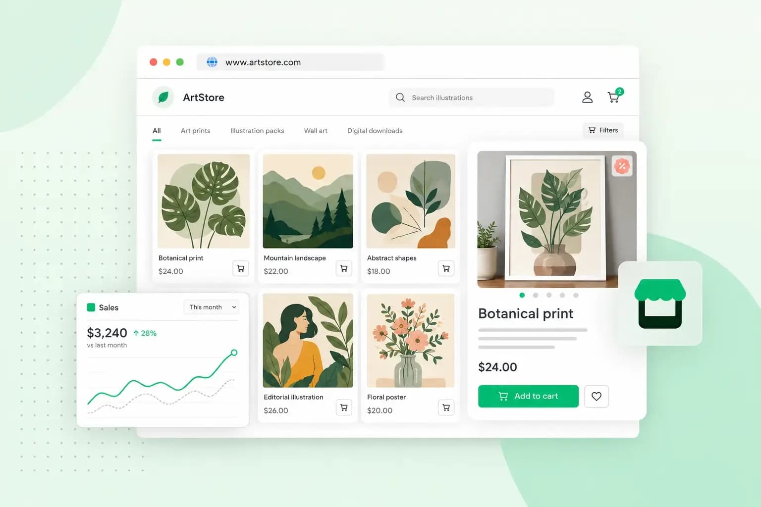 Online art store showing illustrations for sale, product prices, sales analytics, and an add-to-cart panel.