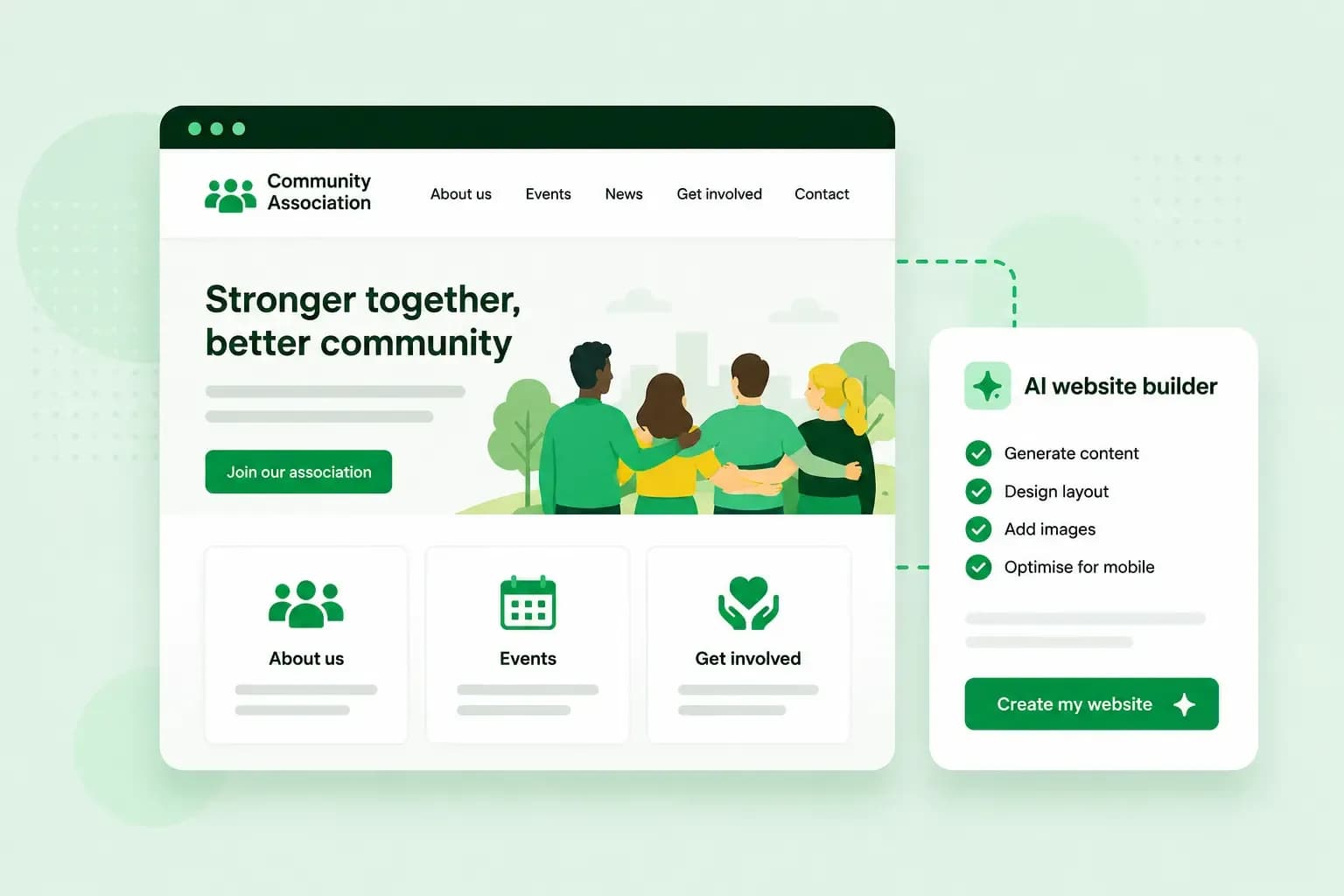AI website builder creating a community association website with pages for events, information, and member involvement.