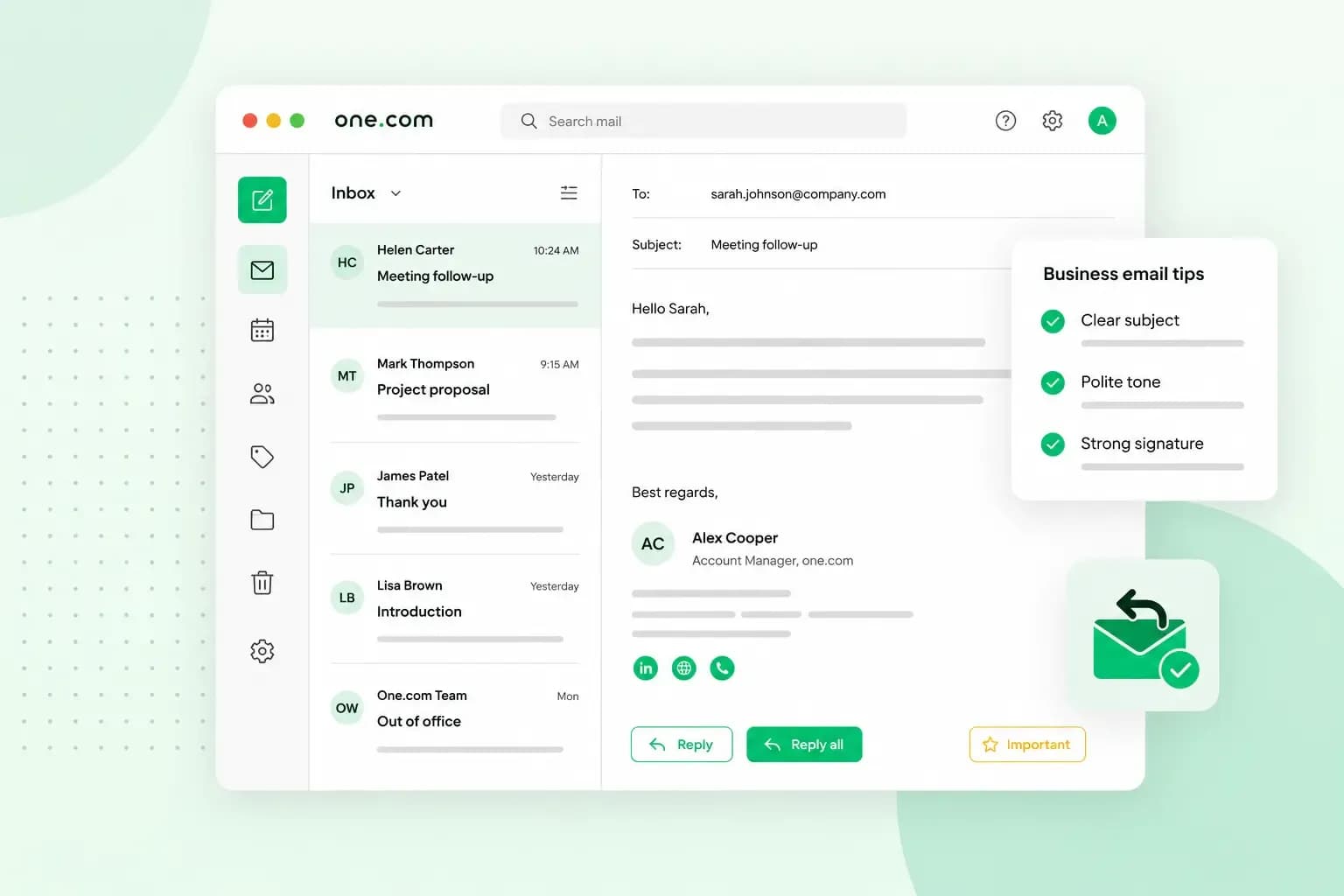 Business email interface showing professional email examples, including meeting follow-ups, proposals, introductions, and tips for clear communication.