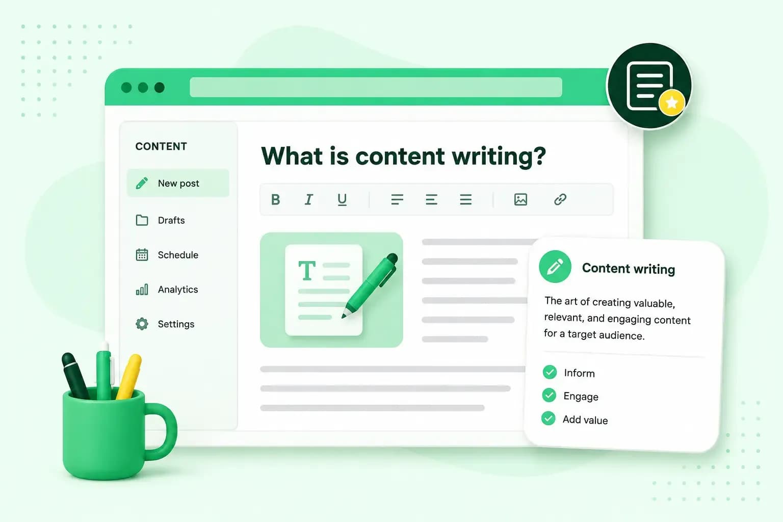 Illustration of a content writing editor with text formatting tools, article placeholders, a pen and document icon, and a content writing information card.