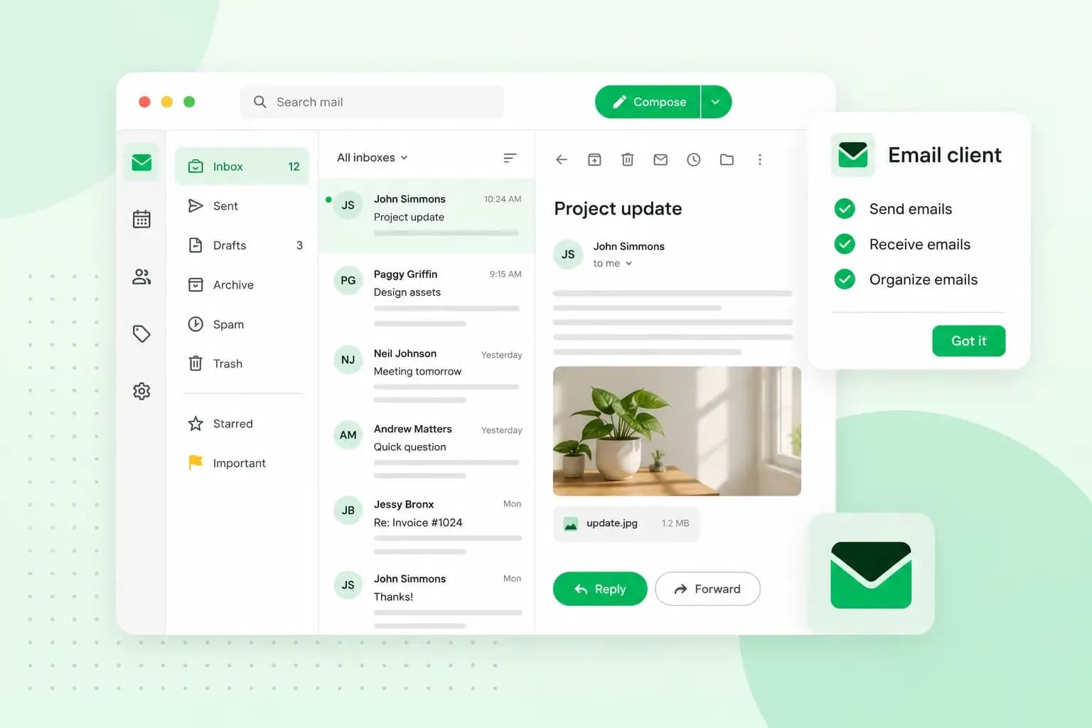 Illustration of an email client inbox showing a list of messages and an open email with an attached photo, next to a card listing the ability to send, receive, and organise emails.