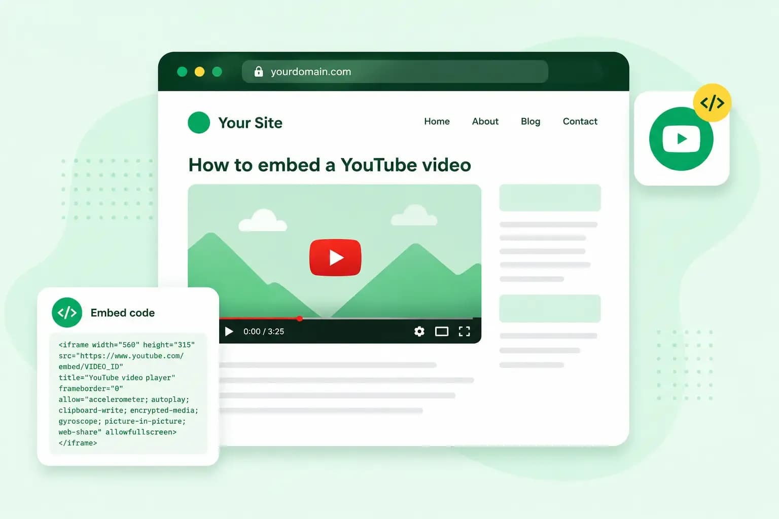 Illustration of a website with an embedded YouTube video player and an embed code panel.
