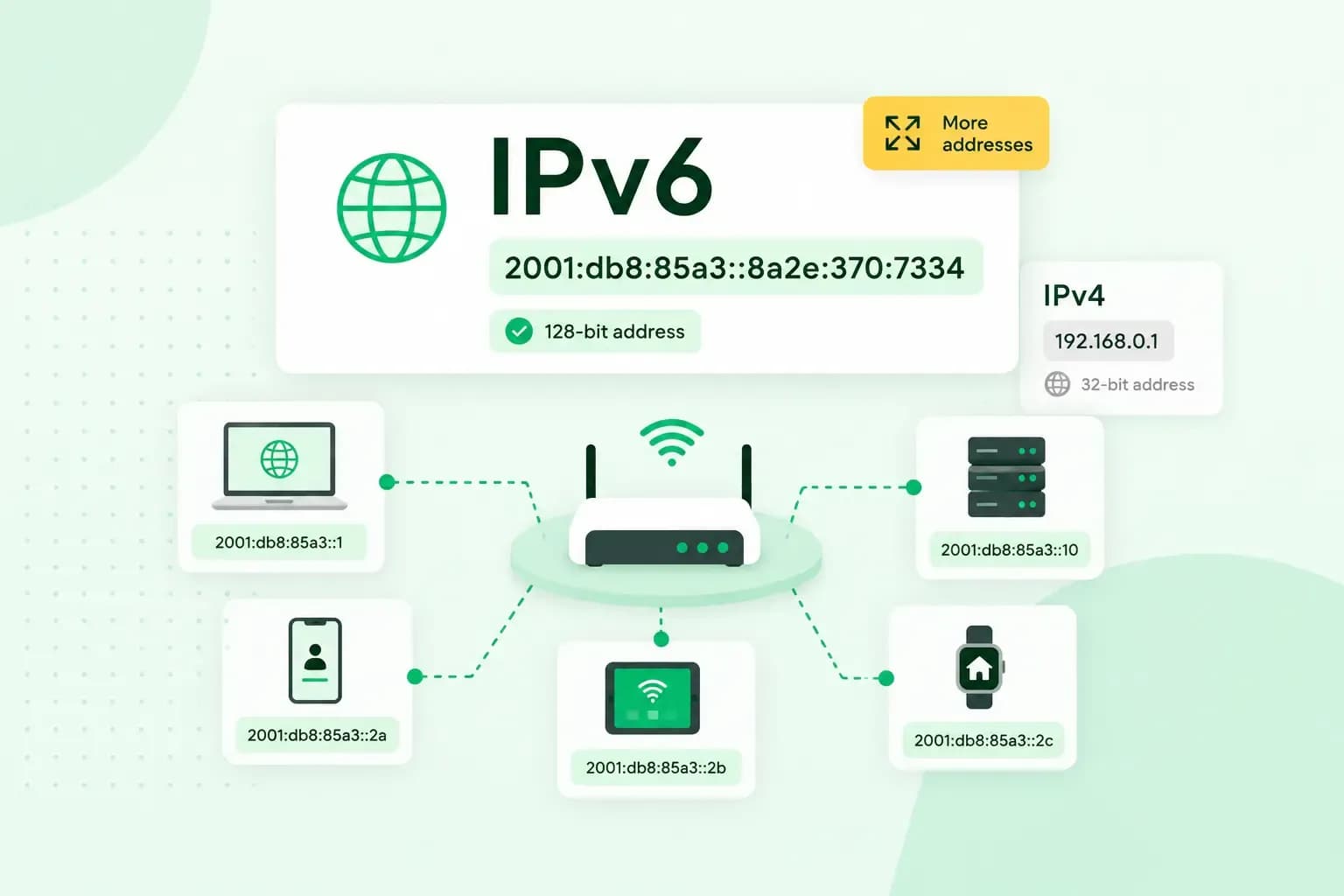 Illustration of IPv6 showing a 128-bit address and multiple devices connected to a network, with an IPv4 comparison.