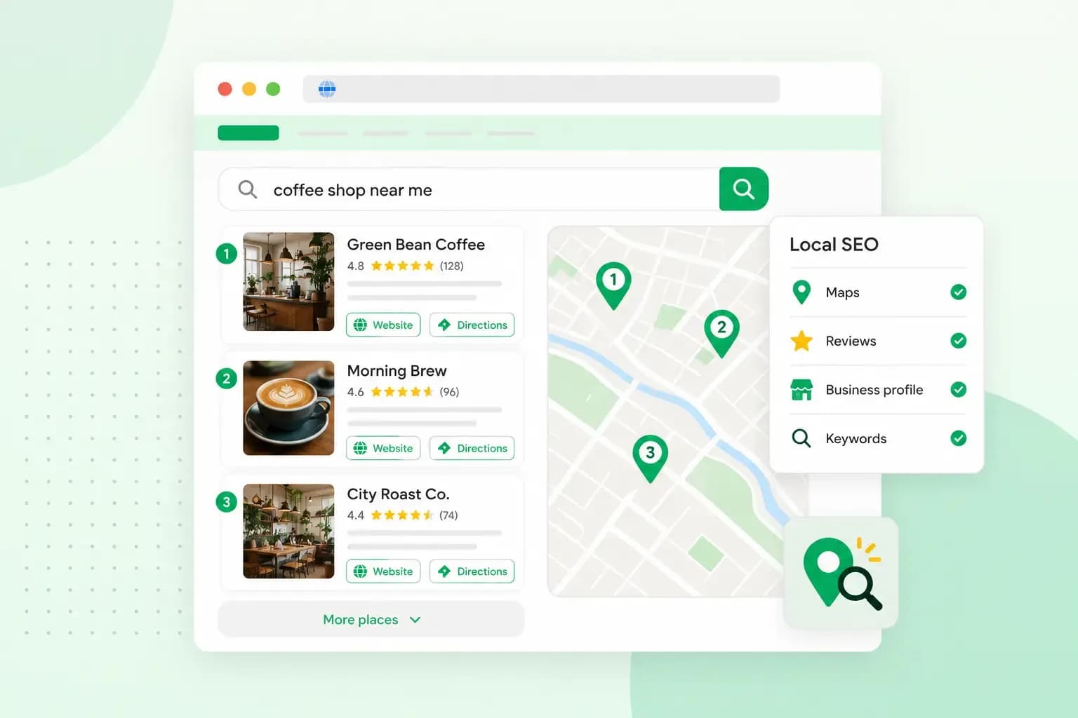 Illustration of a local search results page showing nearby coffee shops with ratings and map pins, next to a Local SEO card covering maps, reviews, business profile, and keywords.