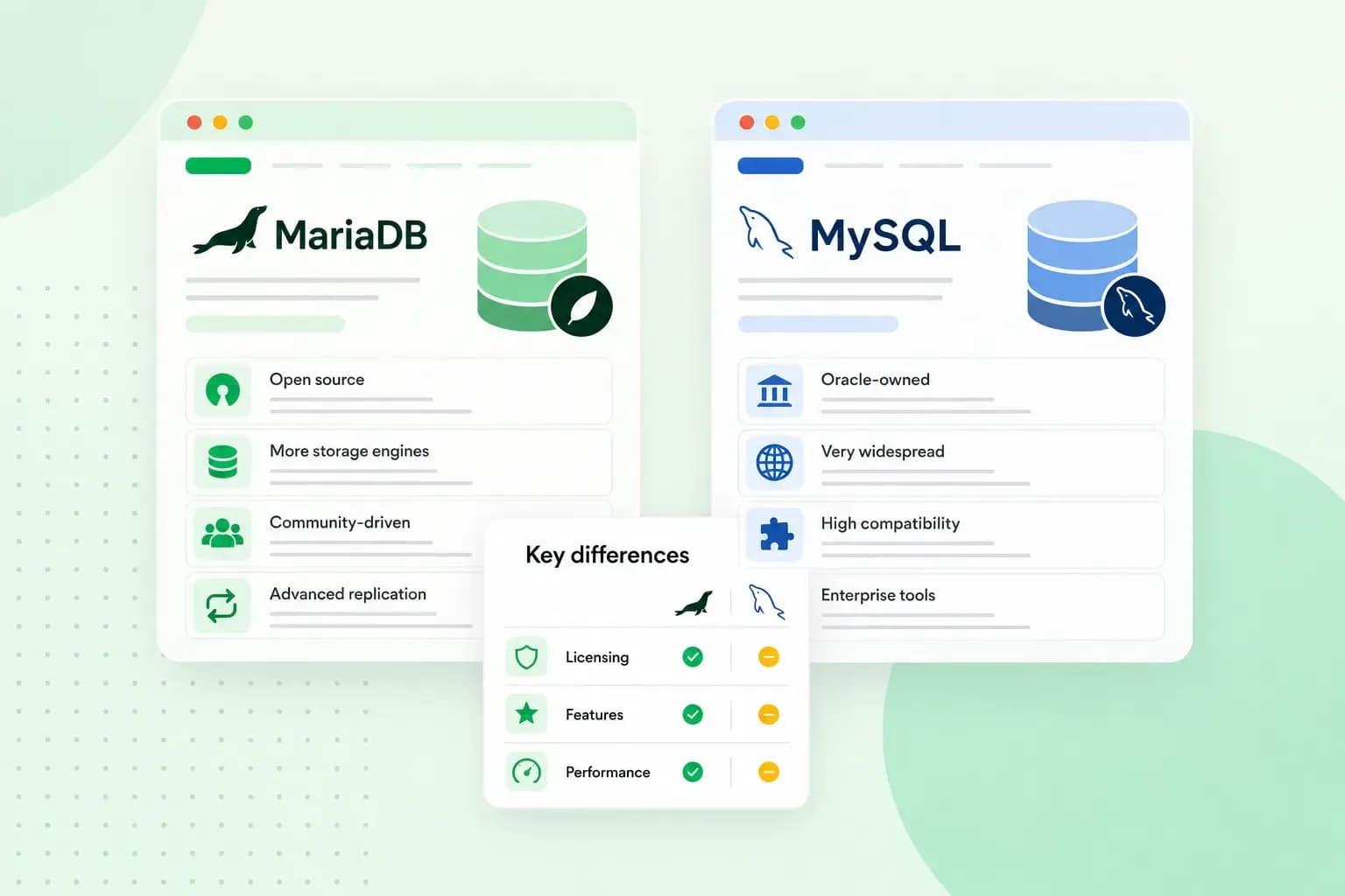 MariaDB vs MySQL comparison showing key differences in licensing, features, performance, and database capabilities.