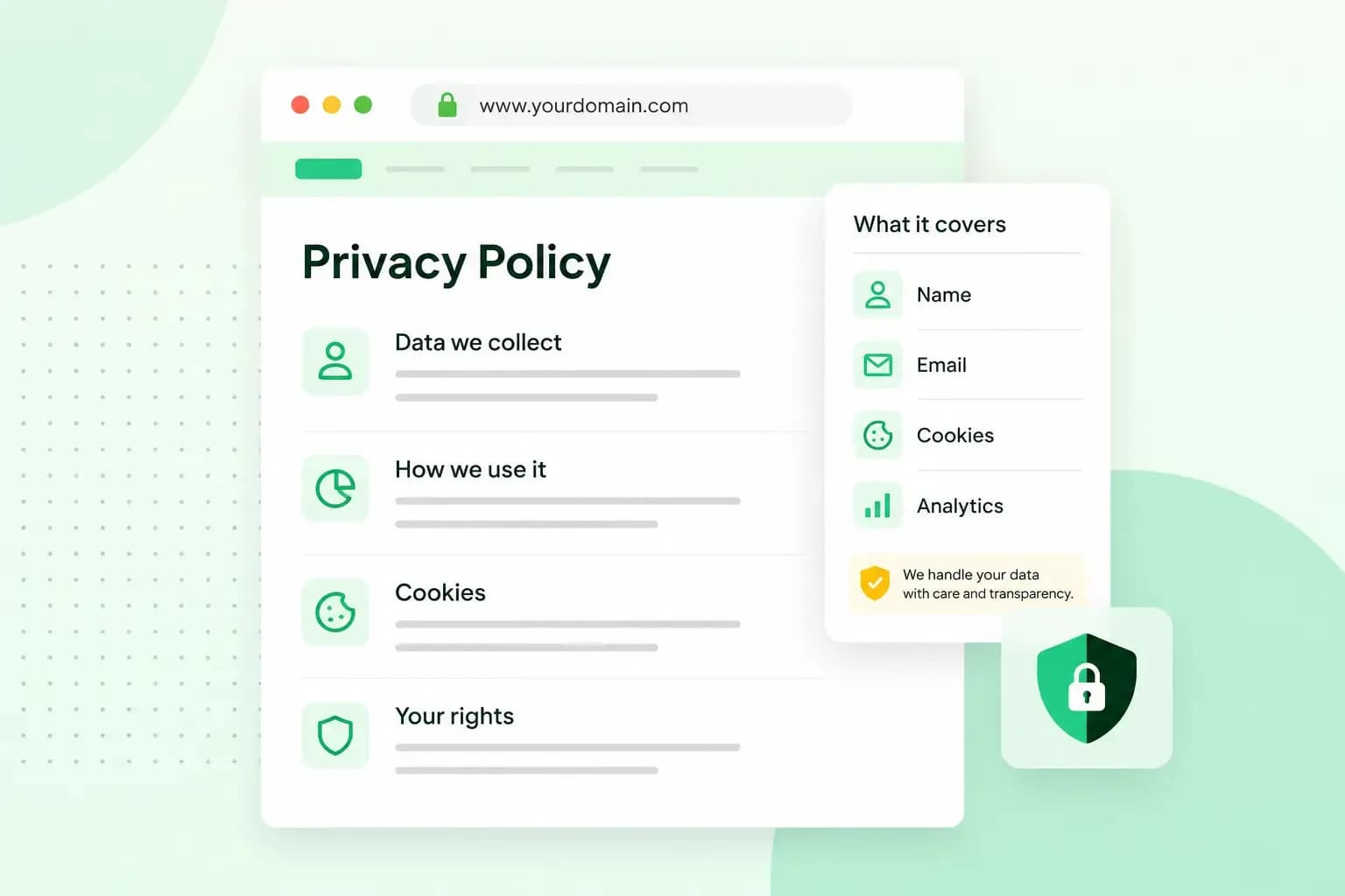 Illustration of a website privacy policy page showing sections for data collected, how it's used, cookies, and user rights, next to a card listing what the policy covers.