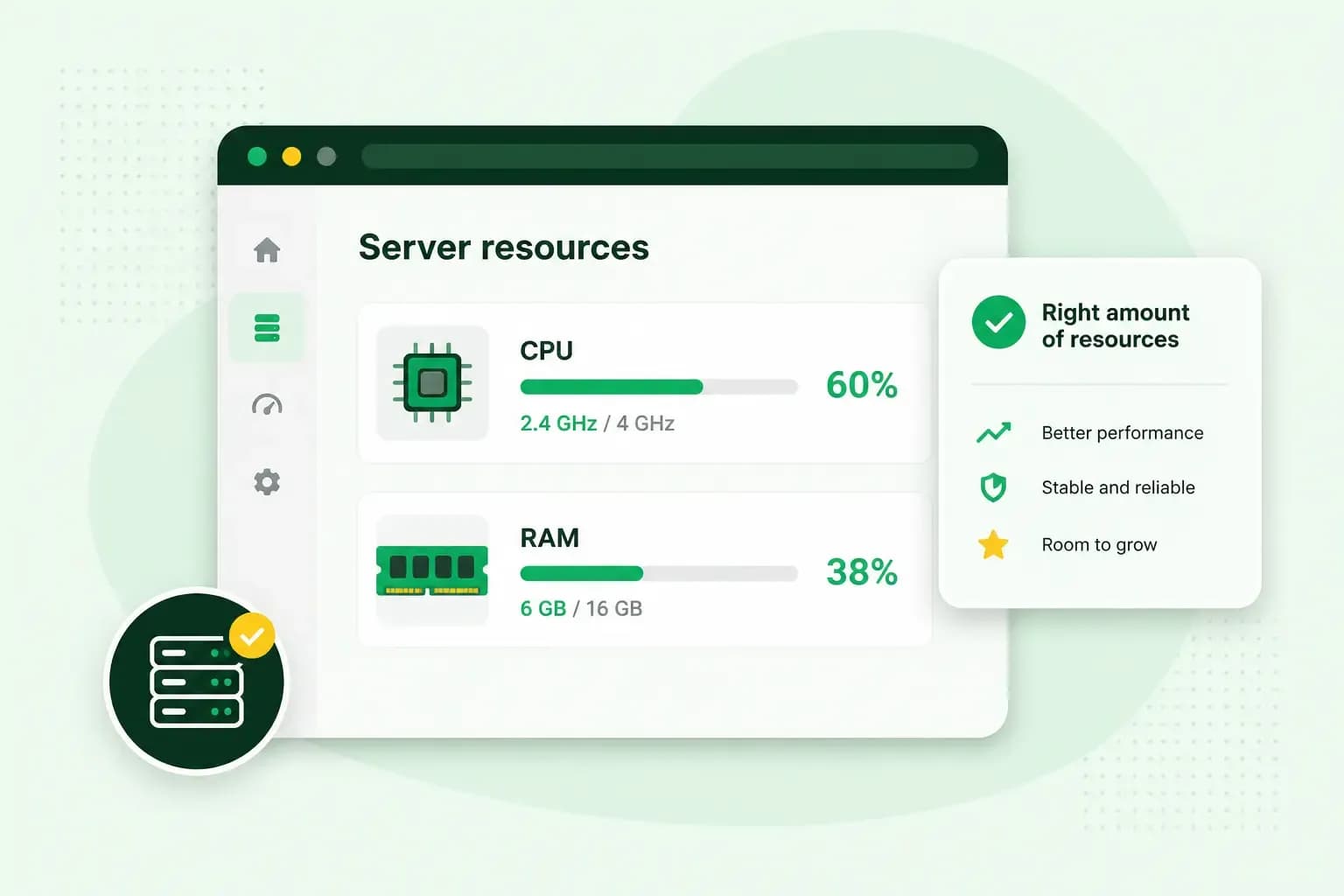 Illustration of a server resource dashboard showing CPU and RAM usage, with indicators for performance, stability, and room to grow.