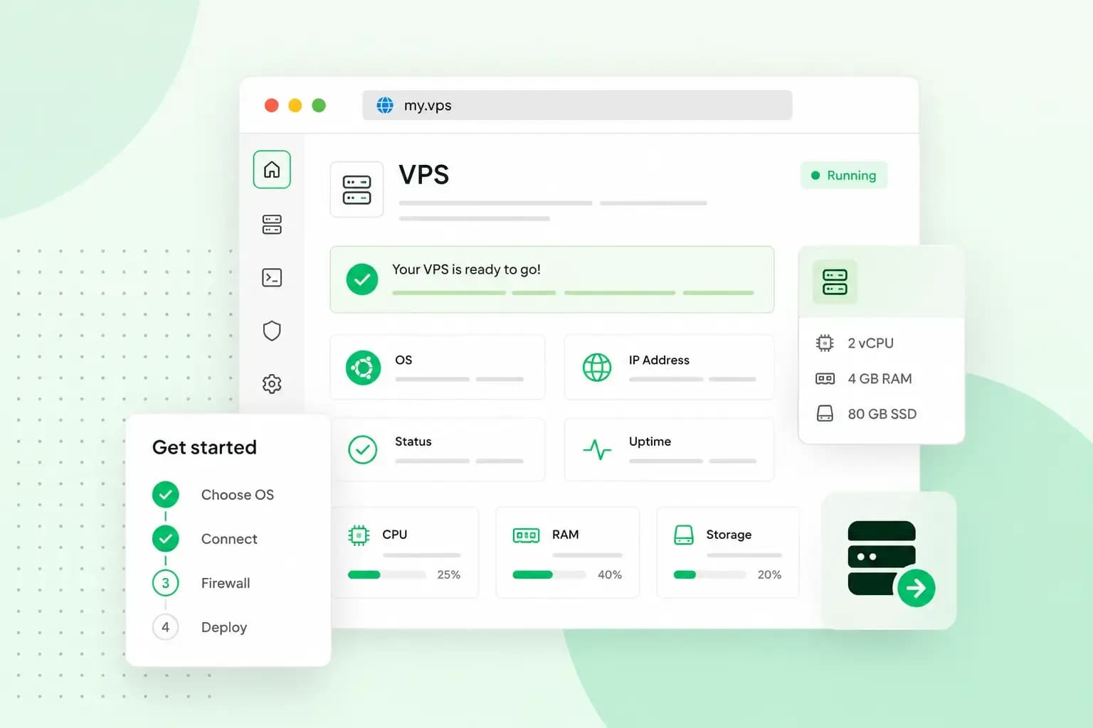 VPS dashboard with setup checklist, server status, and resource details for getting started with a rented VPS.